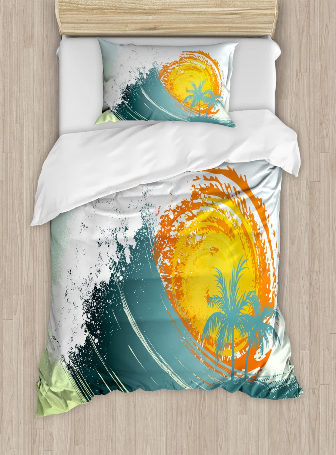 Ambesonne Tropical Duvet Cover Set - Exotic Coconut Palm Trees & Ocean Waves Design | 2-Piece Twin Size Bedding Set with 2 Duvet Covers & 2 Pillowcases in Green Petrol Blue | Perfect for Summer Beach Themed Bedrooms & Coastal Home Decor
