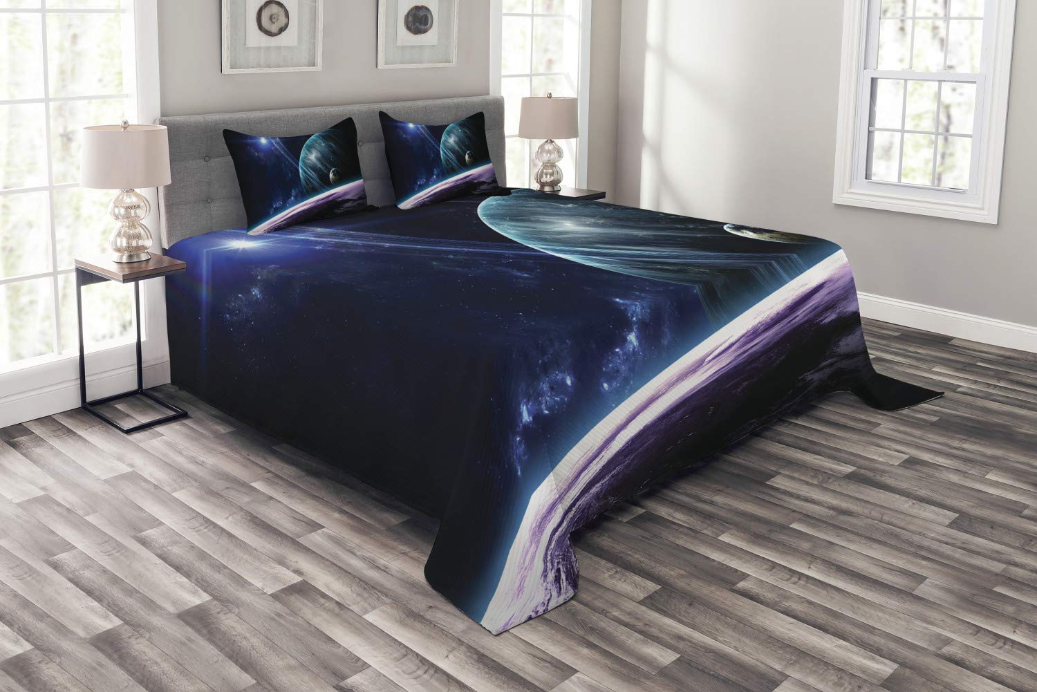 Ambesonne Space Bedspread Set - King Size Blue Purple Universe Bedding with Planets & Glow in The Dark Astronomy Print, 3-Piece Comforter Cover & 2 Pillow Shams for Galaxy Themed Bedroom Decor | Perfect for Astronomy Lovers, Teens Room & Sci-Fi Decor