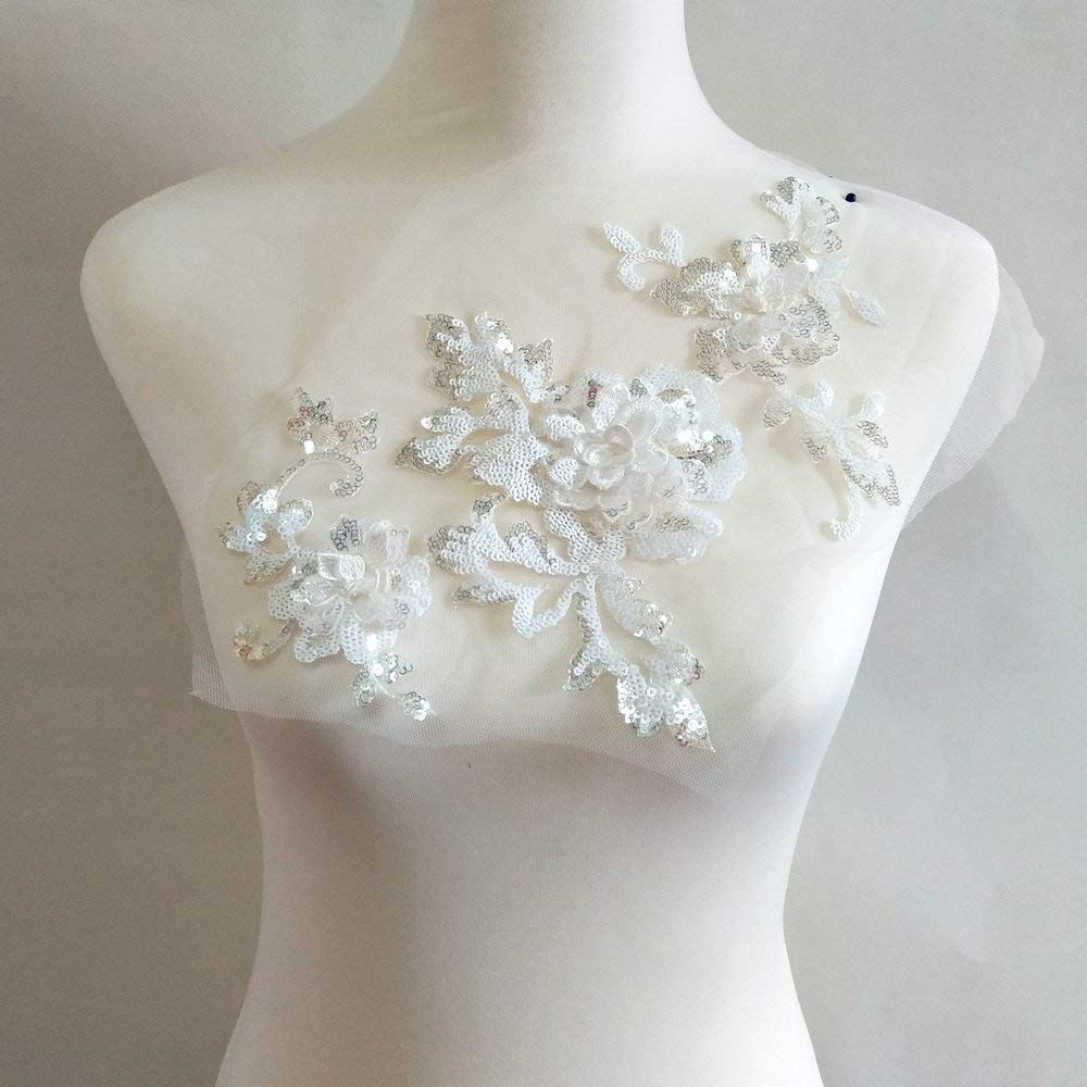 3D Embroidery Sequins Rose Patches - DIY Sewing Appliques for Garment Decoration - White Rose Applique for Dresses, Costumes & Performance Wear - Perfect for DIY Fashion, Dance Costumes and Wedding Dress Embellishments