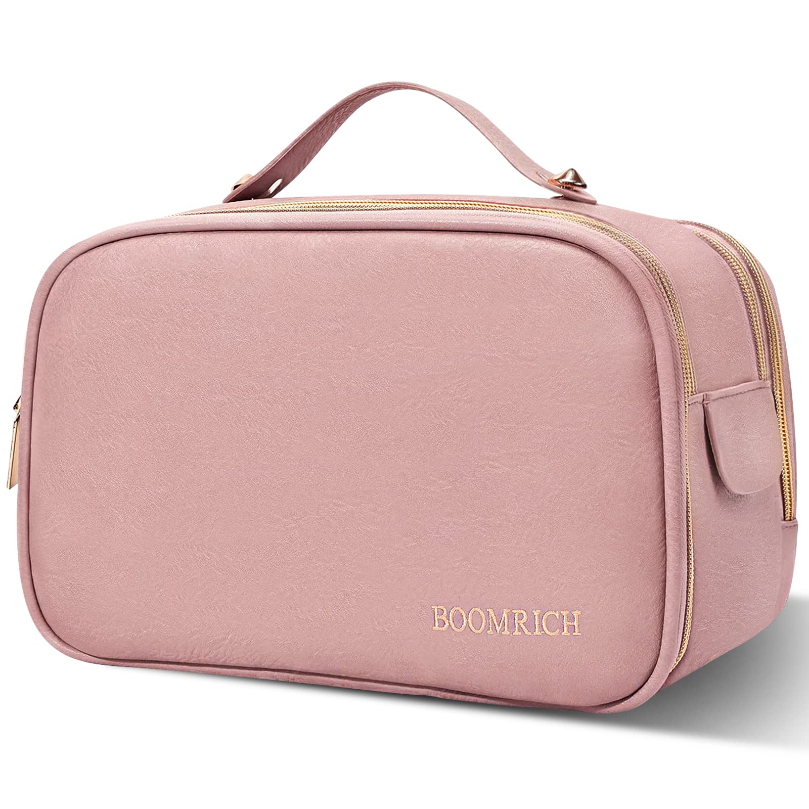 BOOMRICH Large Water-Resistant Leather Travel Makeup Bag for Women - Cosmetic & Toiletry Organizer with Multiple Pockets, Pink - Perfect for Vacation, Gym, Business Trips & Daily Essentials Storage