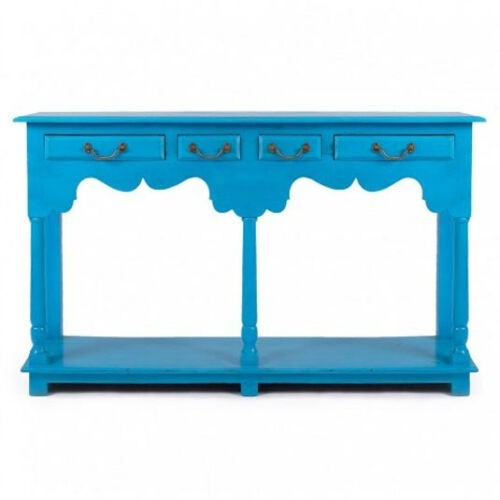 Hand Carved Solid Wood 4-Drawer Hallway Side Table in Blue - Perfect for Entryway Storage & Living Room Decor