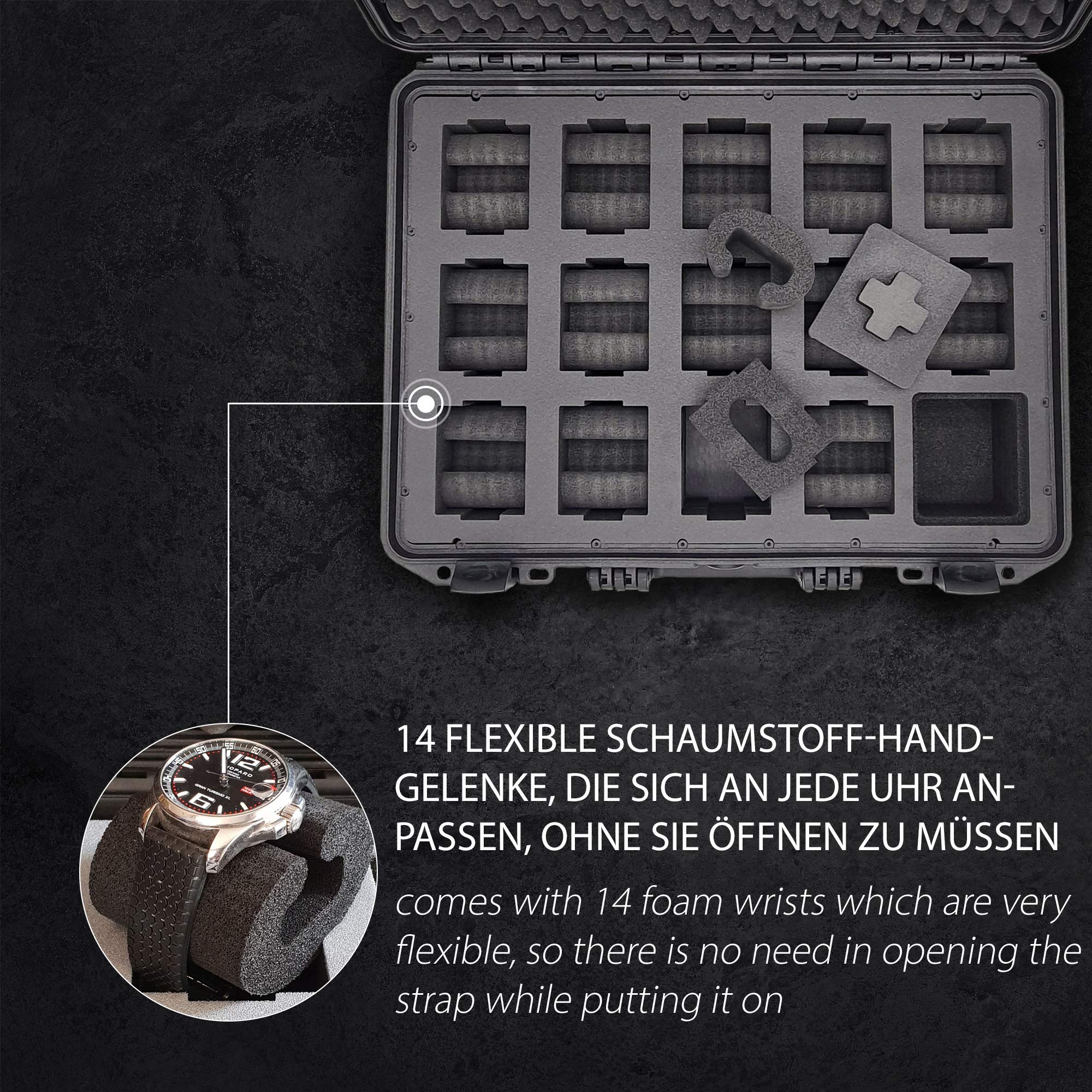Premium Watch Travel Case for 14 Watches - Waterproof & Dustproof Storage with Lock - German-Made Luxury Watch Organizer - Perfect for Travel, Business Trips & Watch Collection Display