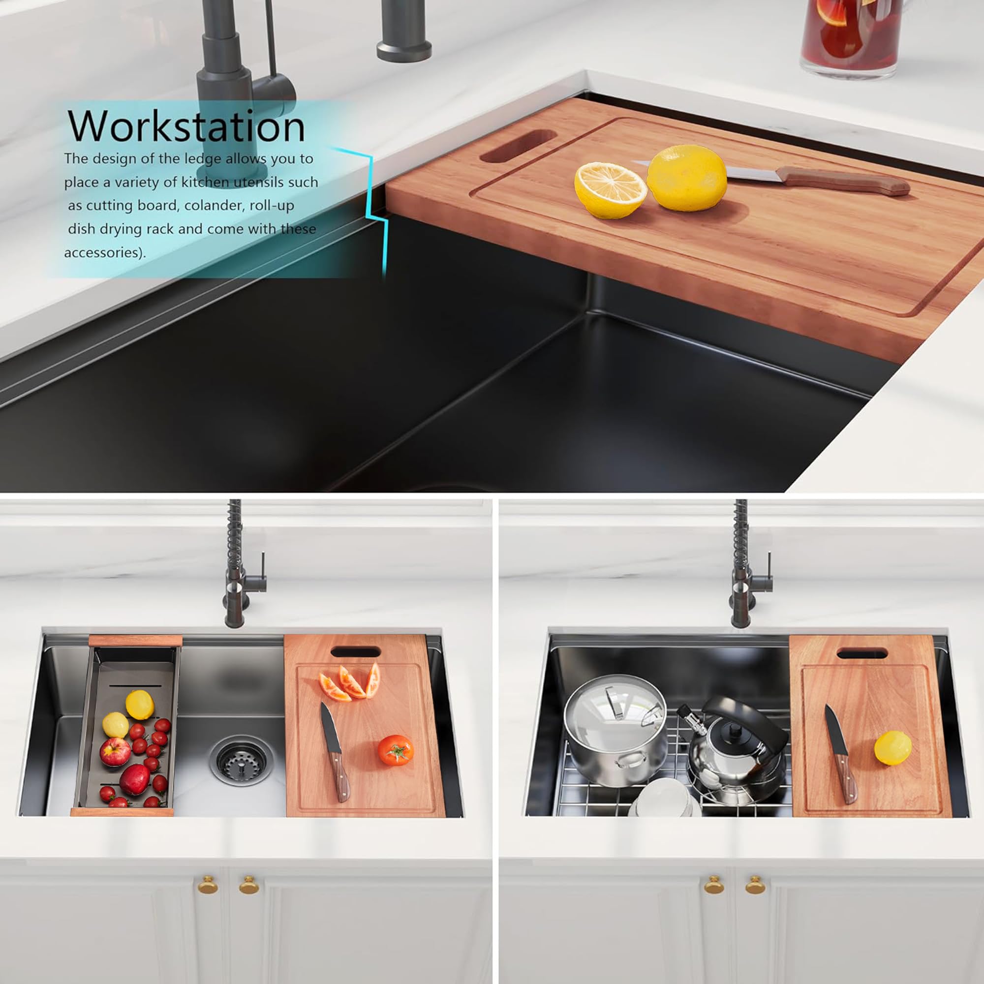 30 Inch Black Undermount Kitchen Sink - 16 Gauge Stainless Steel Single Bowl Workstation Sink with R10 Round Corners, Ledge & Accessories (5-Pack) - Perfect for Modern Kitchens, Restaurants & Food Prep Areas