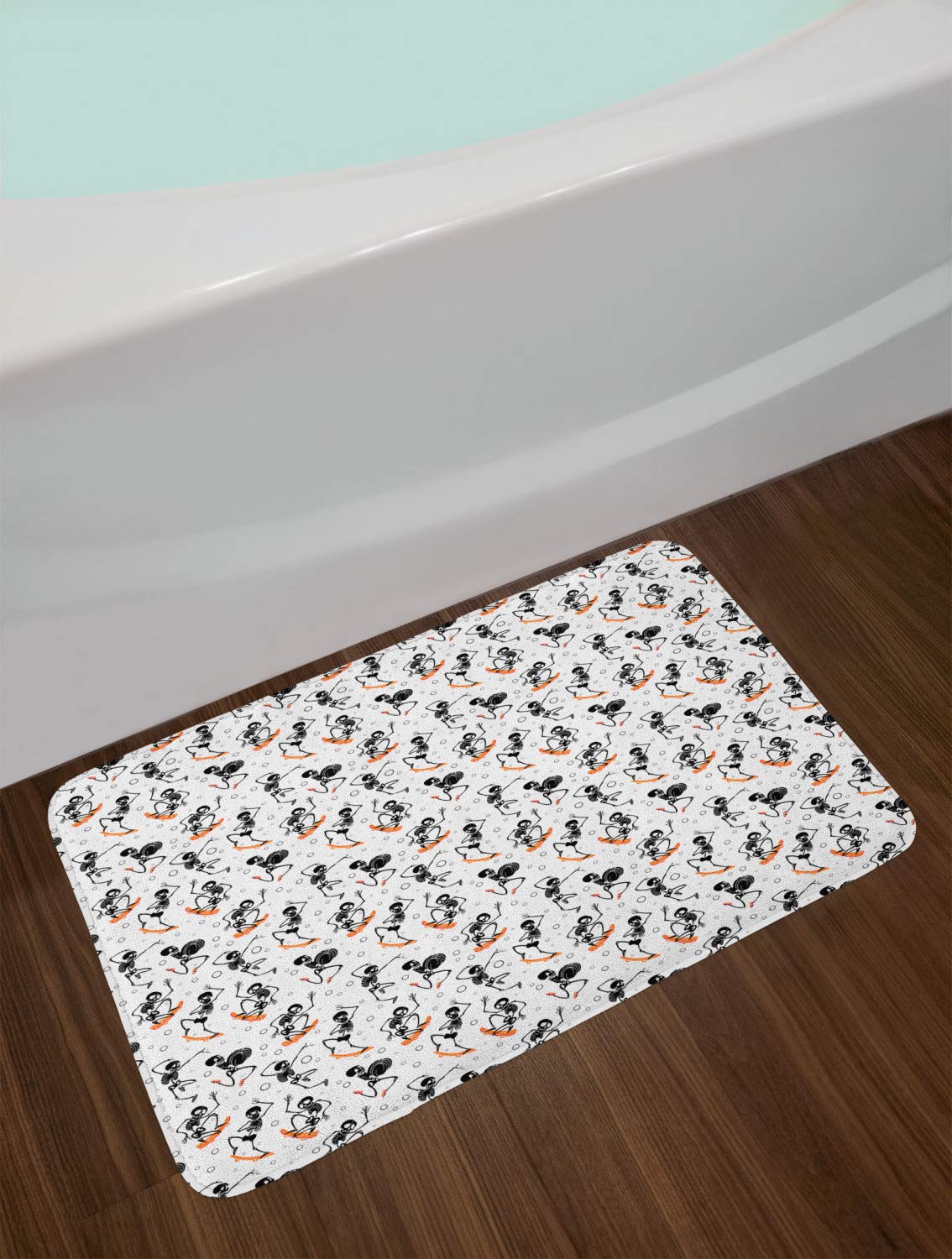 Ambesonne Non-Slip Skeleton Bath Mat - Whimsical Skateboard & Bubbles Design, Plush Bathroom Decor Rug, 30.2 x 20 Inches, Charcoal Grey & White - Perfect for Halloween Decor, Gothic Themed Bathrooms & Unique Home Accessories