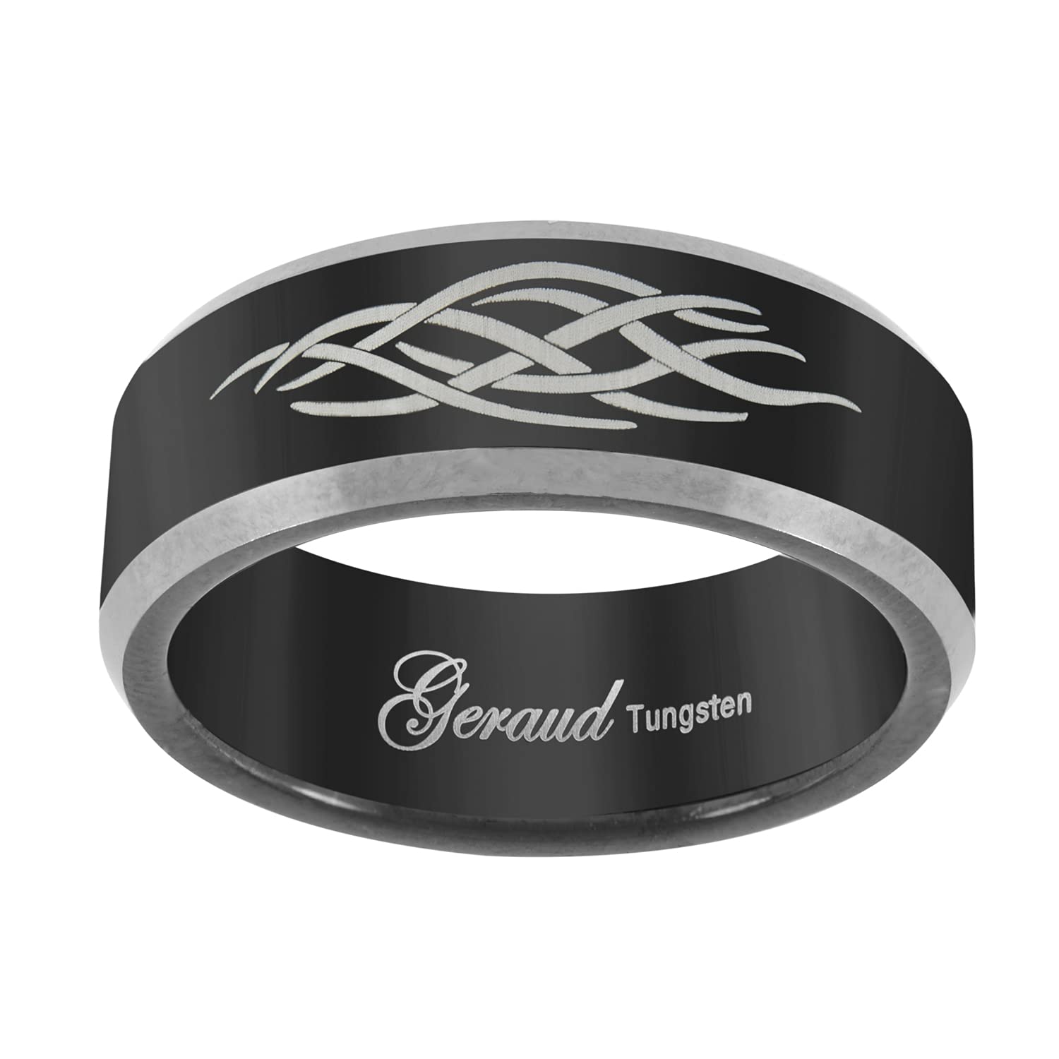 Men's Tungsten Black Tribal Flame Wedding Band Ring - Comfort Fit 8mm Sizes 7-14.5 - Laser Etched Anniversary Jewelry for Him - Perfect for Weddings, Engagements & Special Occasions
