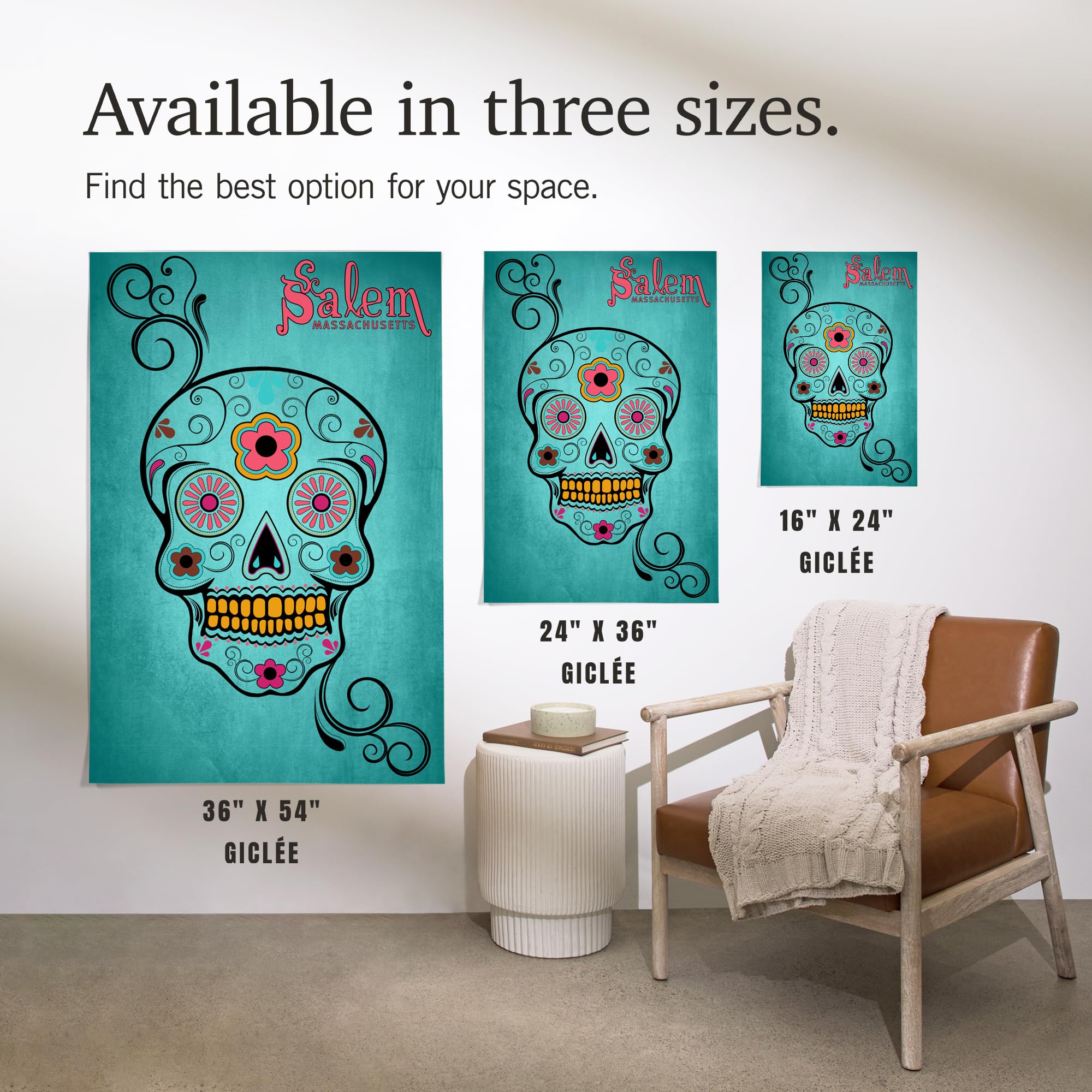 Lantern Press 16x24 Inch Giclee Art Print - Salem Massachusetts Sugar Skull Wall Decor with Aqua Blue Background | Perfect for Halloween, Dia de Los Muertos, Gothic Home Decor & Office Art