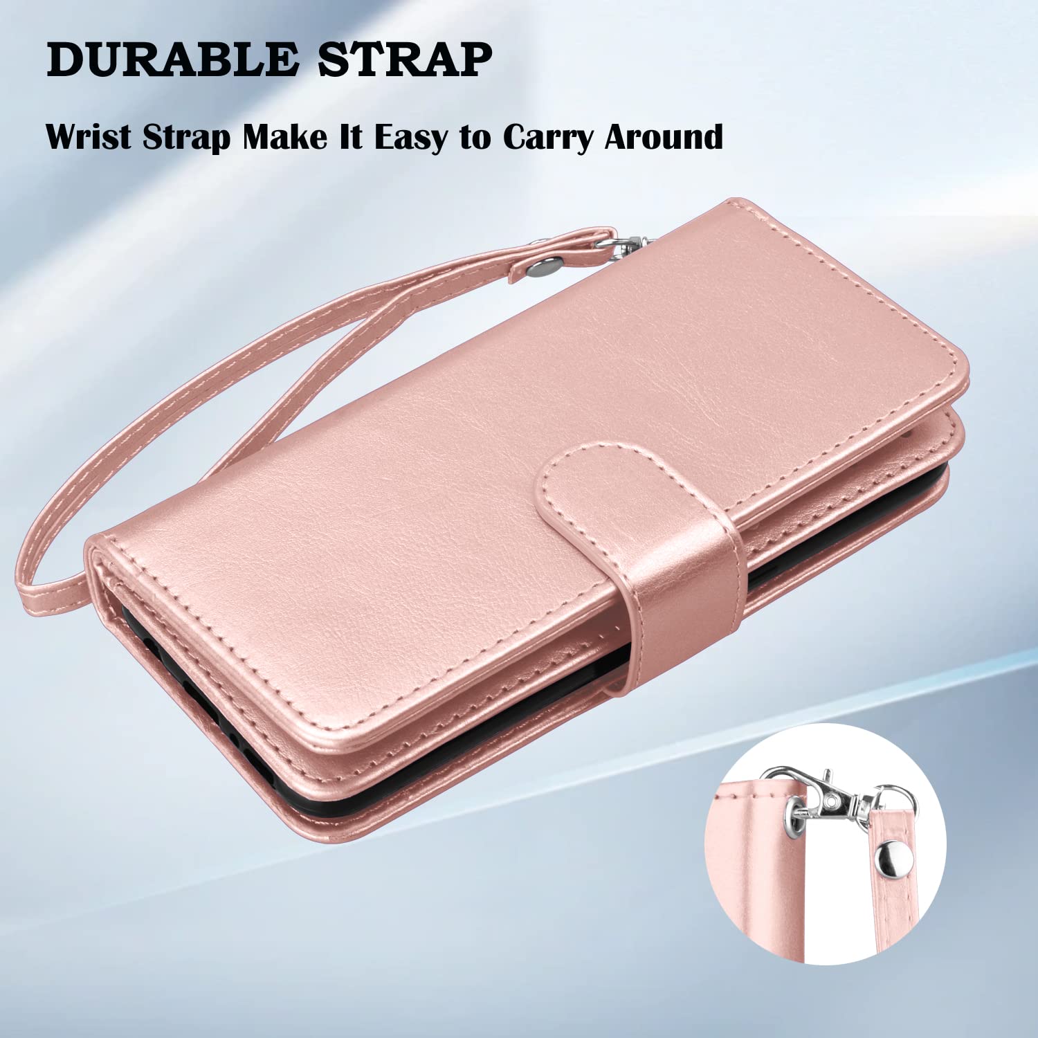 Premium PU Leather Wallet Case for Samsung Galaxy S22 Plus - 9 Card Slots, Detachable Magnetic Flip Cover with Kickstand & Wrist Strap (Rose Gold) | Perfect for Business, Travel & Everyday Use