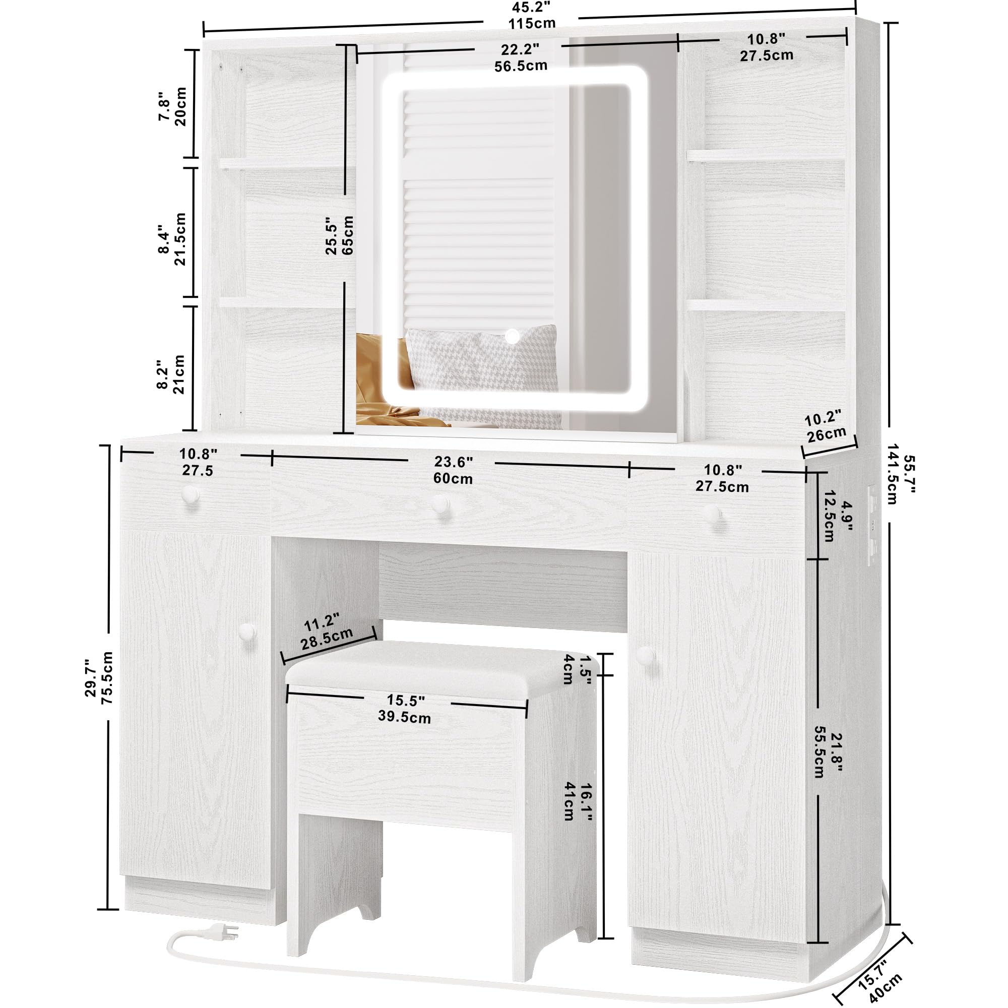IRONCK Industrial Style White Vanity Desk Set with Large LED Lighted Mirror & Power Outlet - 7 Drawers Makeup Dressing Table with Storage Bench for Bedroom | Perfect for Makeup Application, Hair Styling & Home Decor