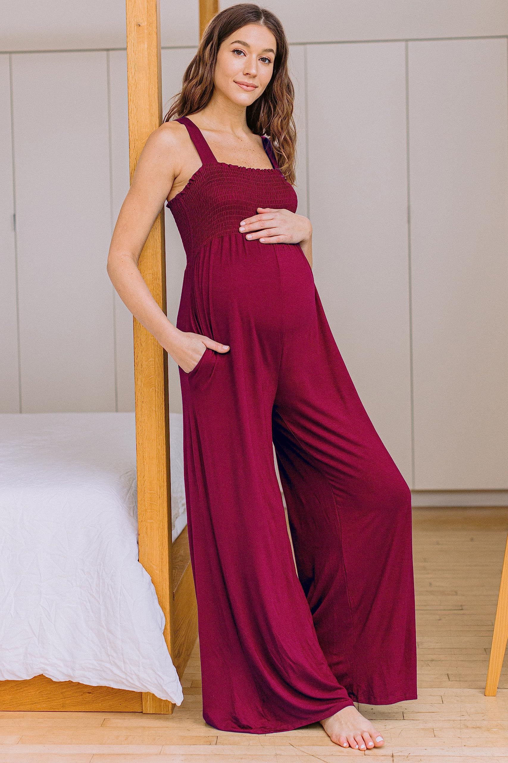 Women's Maternity Sleeveless Jumpsuit Romper - Comfortable Smocked Neck & Pockets - Perfect for Pregnancy, Nursing, Summer Outfits & Casual Wear
