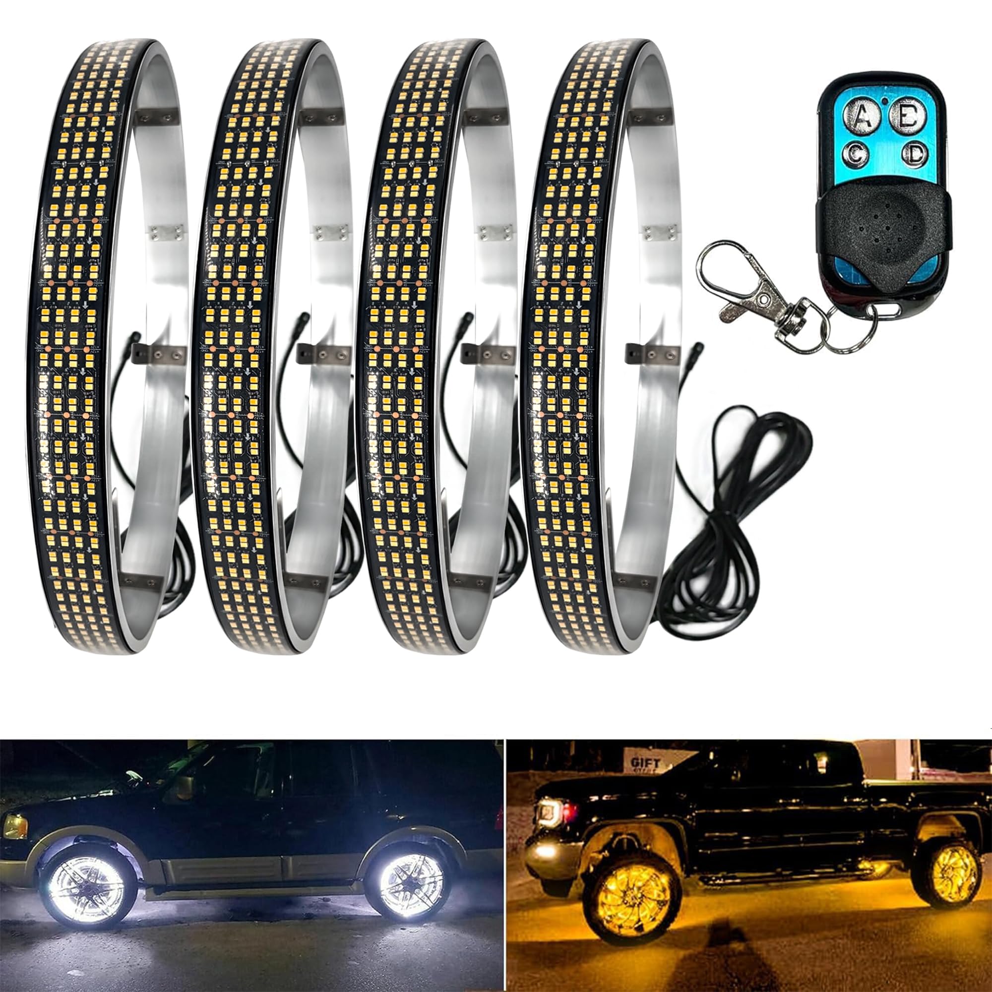 15.5 Inch Quad Row Amber White LED Wheel Ring Lights with Amber Turn Signal Scanning Function, 3924 LEDs, Waterproof IP68, RF Remote Control - for Trucks, Cars, SUVs, Pickups (Ideal for Off-Roading, Night Driving & Custom Vehicle Lighting)