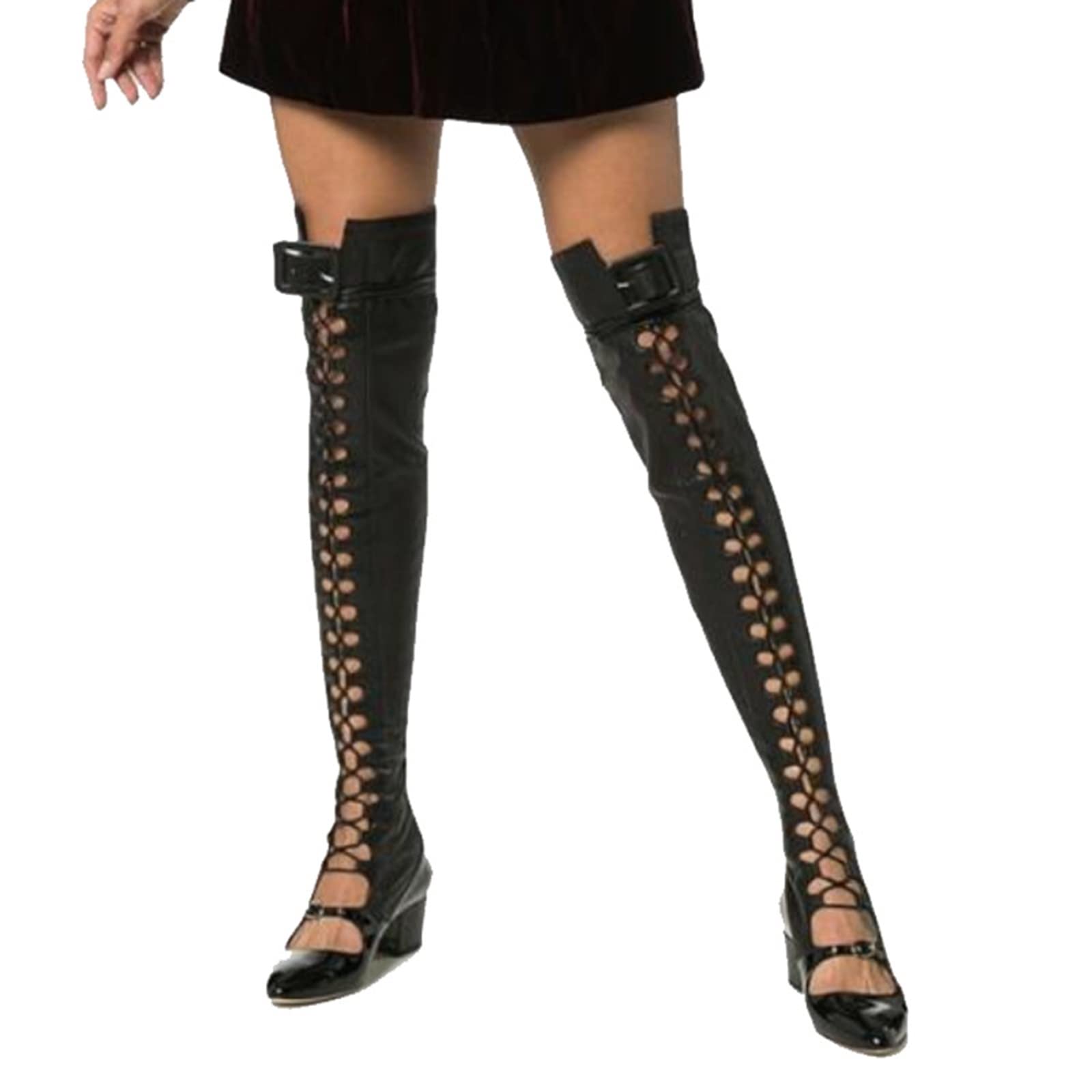 FiveShops Women's Knee High Boots - Retro Round Toe with Belt Buckle & Cross Lace Up Design - Fashionable Black Boots for Women | Perfect for Catwalk, Evening Parties & Fall/Winter Outfits