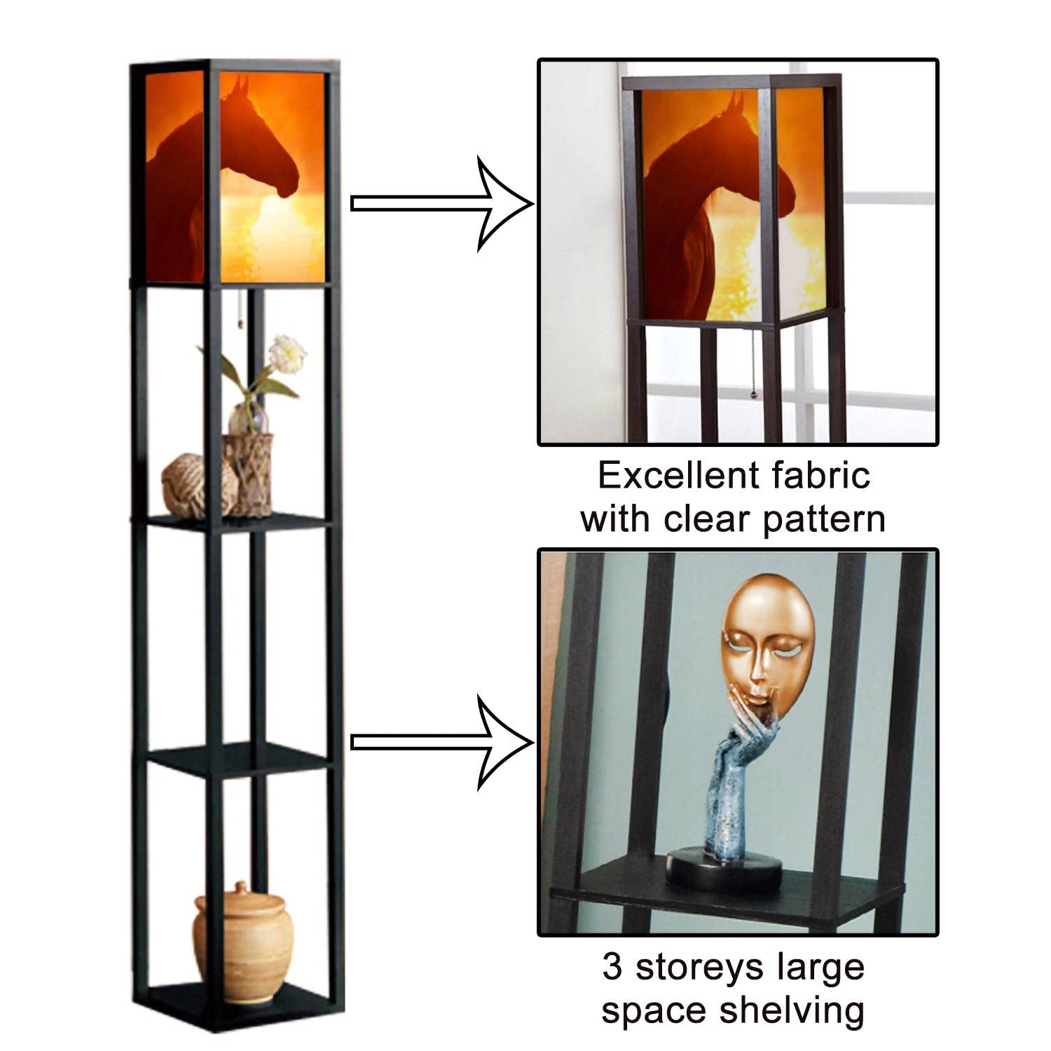 JITHCG Sunrise Horse Silhouette Floor Lamp with Shelves & Flaxen Fabric Shade - Tall Corner Standing Lamp for Living Room, Bedroom, Office | Aesthetic Home Decor & Reading Light