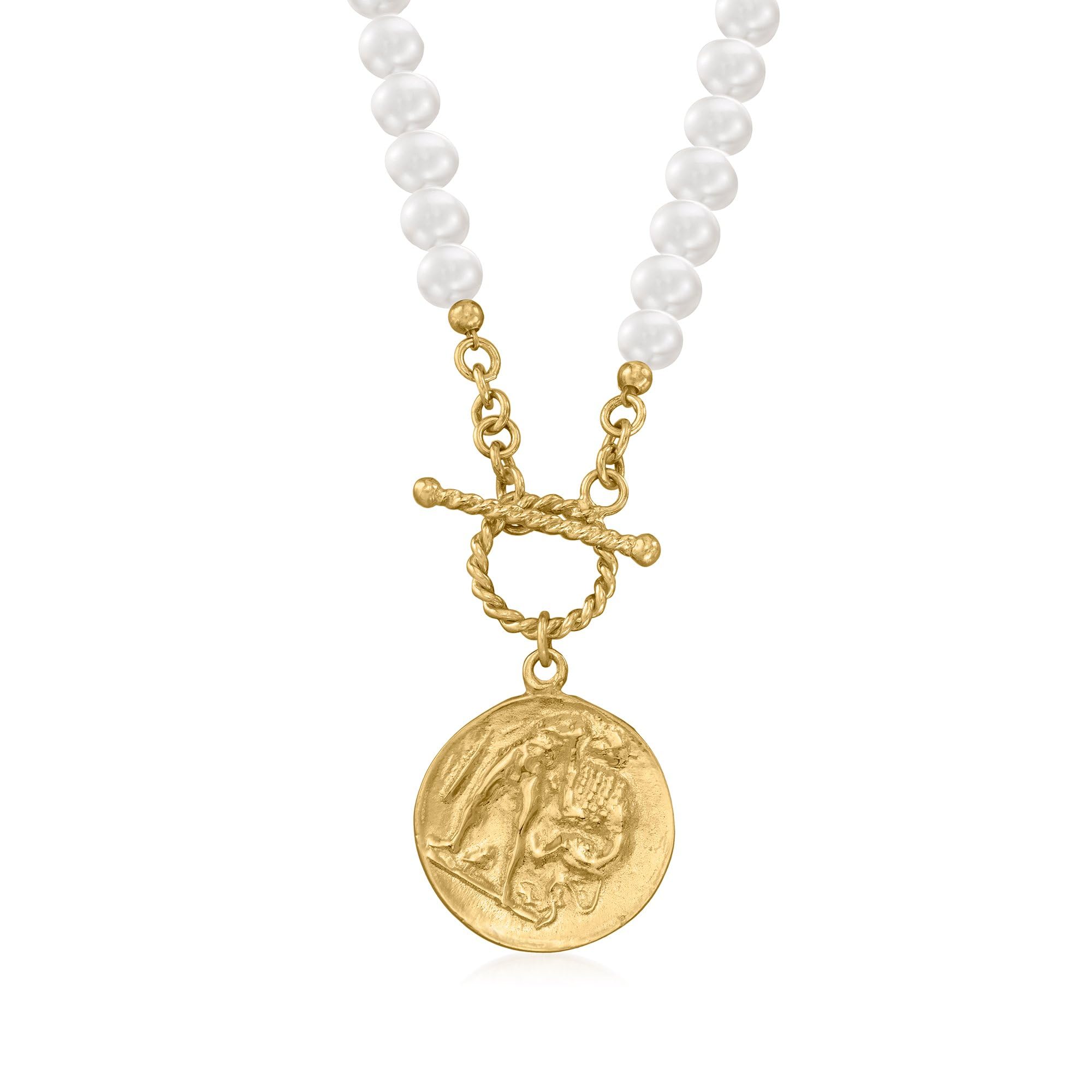 Ross-Simons 5.5-6mm Cultured Pearl & Roman Coin Charm Necklace - 18kt Gold Over Sterling Silver, 18 Inch Chain - Perfect for Weddings, Anniversaries & Special Occasions