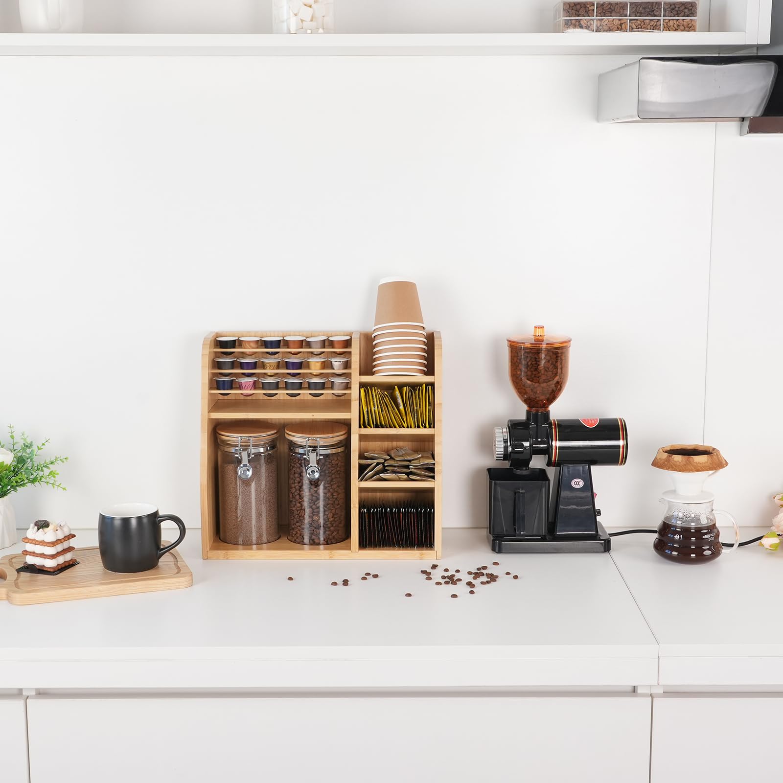 KKC HOME ACCENTS Bamboo Coffee Bar Organizer Set with 2 Airtight Glass Jars - Countertop Storage for Coffee Beans, Loose Tea, Tea Bags & Coffee Pods | Perfect for Kitchen, Office & Coffee Station Organization (Style B)