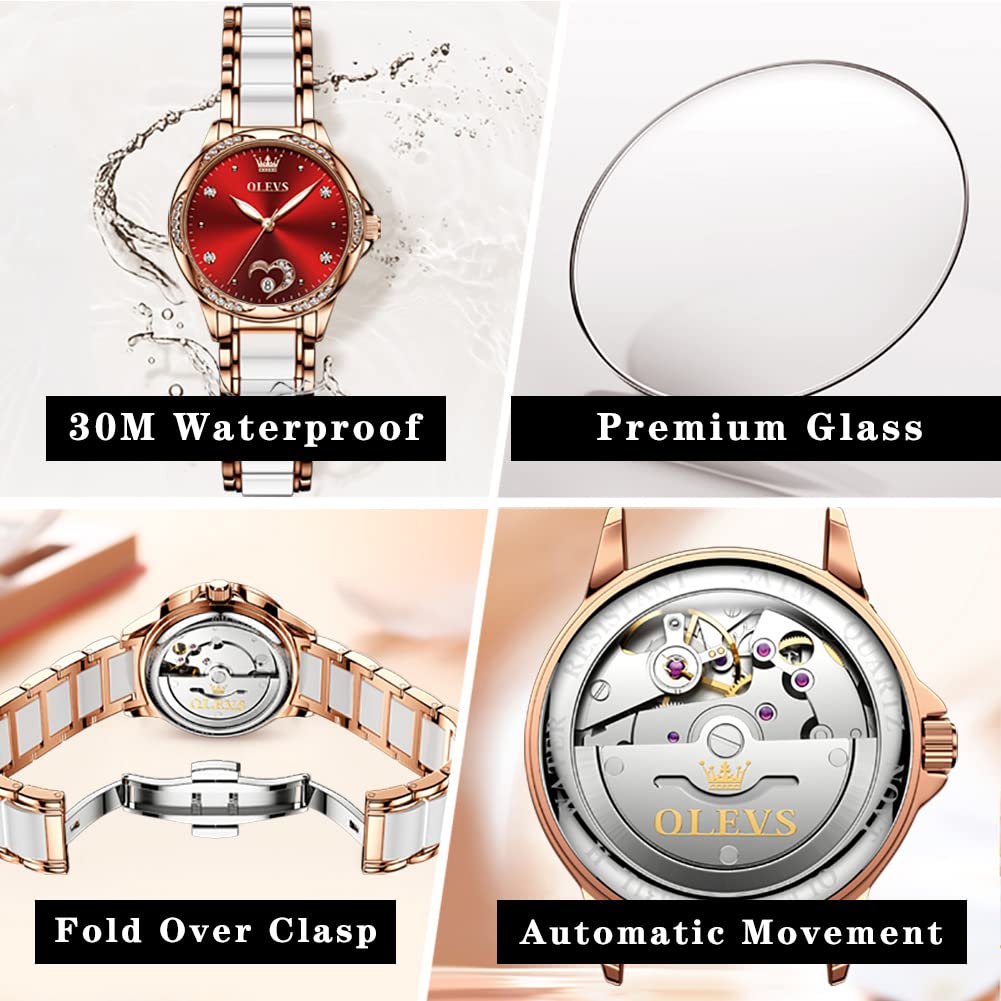 OLEVS Rose Gold Women's Automatic Watch with Two-Tone Stainless Steel & Ceramic Bracelet, Diamond-Accented Self-Winding Ladies Watch - Red/Blue/White Dial (No Battery Required) | Perfect for Office, Party & Everyday Wear