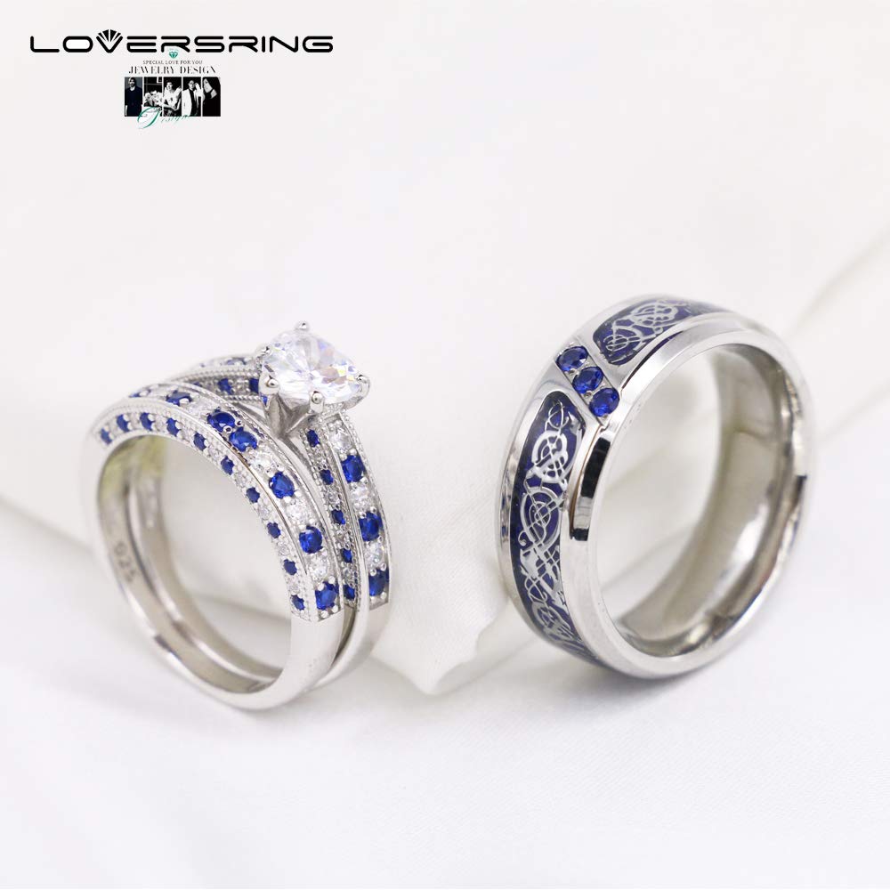 His and Hers Wedding Ring Sets - 925 Sterling Silver & Tungsten Carbide Couples Bands with Heart CZ, Brushed Finish - Perfect for Engagements, Anniversaries, and Romantic Gifts