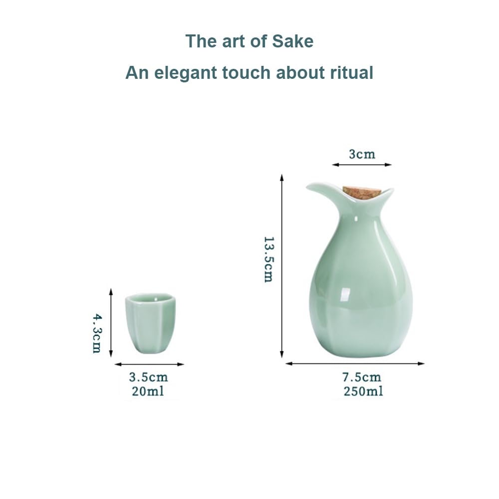Handmade Japanese Sake Set - 6 Cups & 1 Ceramic Bottle - Traditional Green Glaze - Eco-Friendly Gift Set for Home, Party & Japanese Tea Ceremony