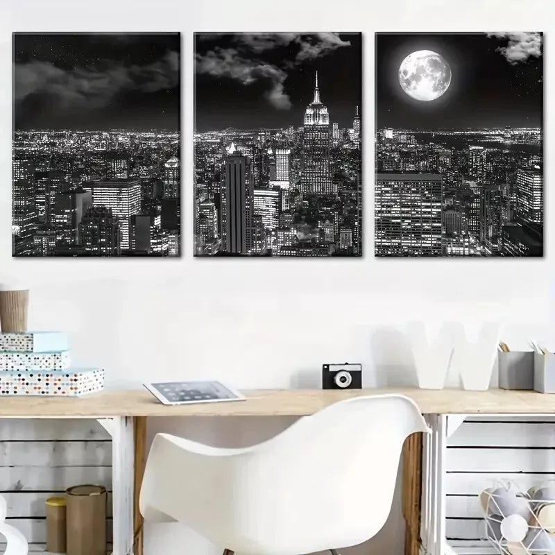 3-Piece Black and White Night City Architecture Wall Art Set - Framed Canvas 40x60cm (16x24in) | High Quality Print | 100% Australian Made | Ready to Hang | Modern Office & Living Room Decor