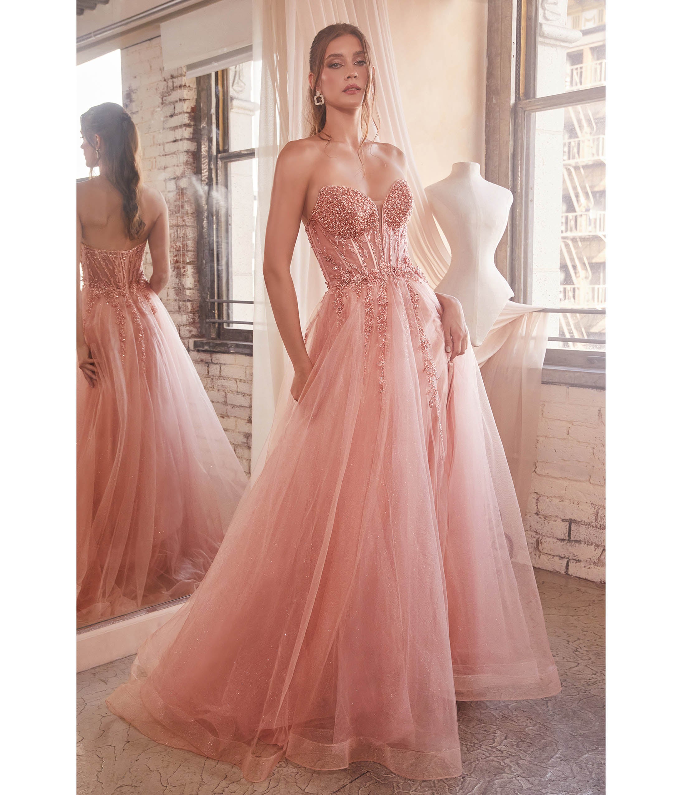 Ladivine by Cinderella Divine Rose Gold Sparkle Corset Top Prom Gown - Elegant Formal Dress for Homecoming, Quinceañera, Evening Party & Special Occasions