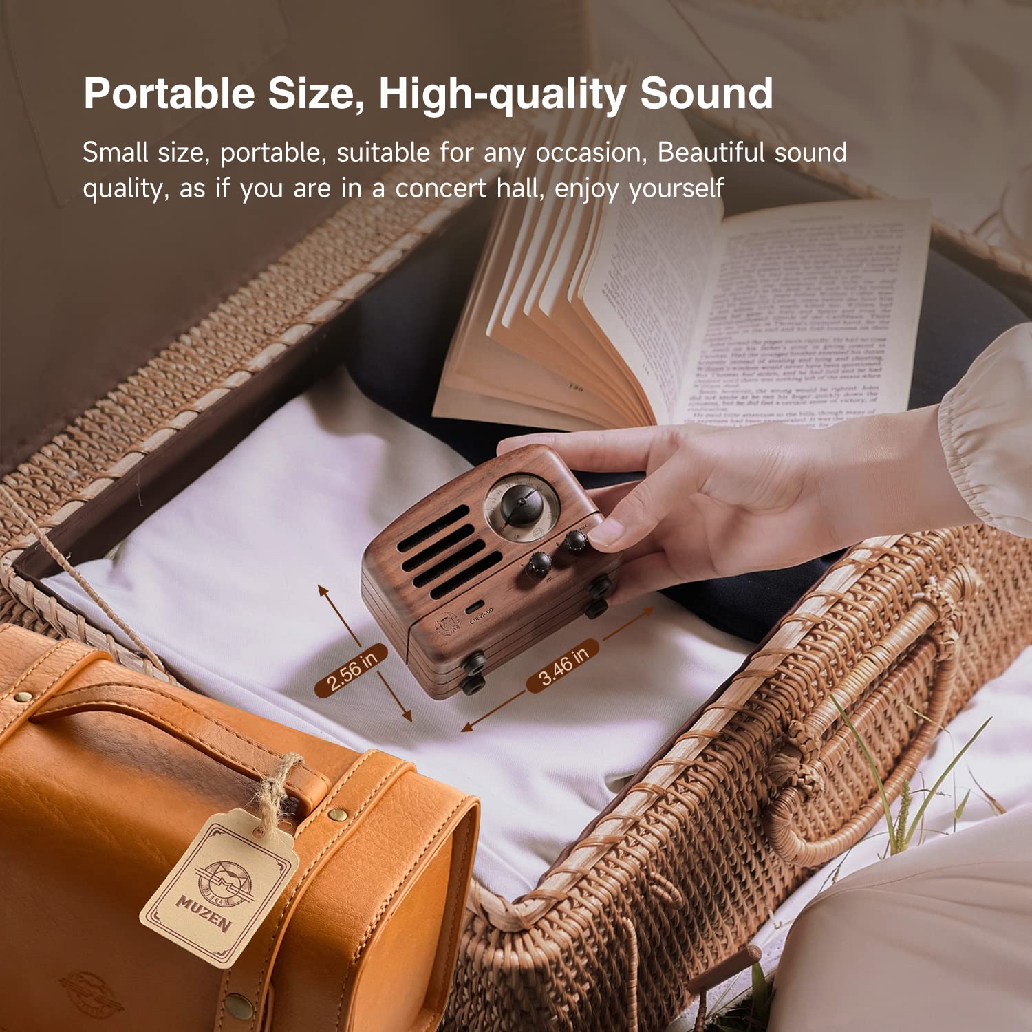 Vintage Muzen OTR Wood Portable Bluetooth Speaker with FM Radio, AUX Input & 10+ Hours Playtime - High Fidelity Stereo Sound, Retro Suitcase Design - Perfect for Home, Office, Picnic, Travel & Gift Giving