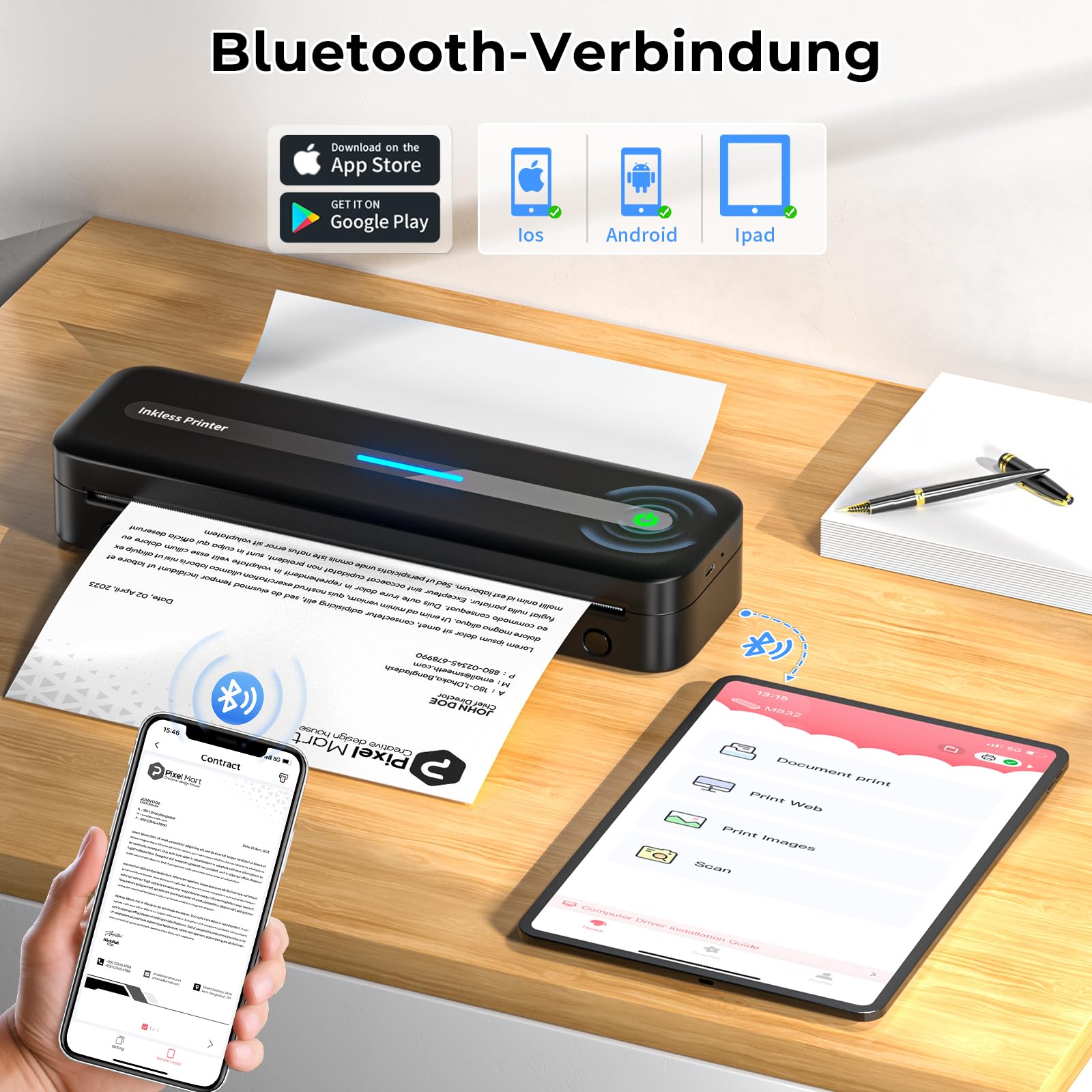PokeLabel Mobile A4 Printer for Travel - Wireless Bluetooth Thermal Inkless Printer, 300dpi Portable Compact Printer for Android/iOS/Windows/Mac - Perfect for Business Trips, Home Office & On-the-Go Printing