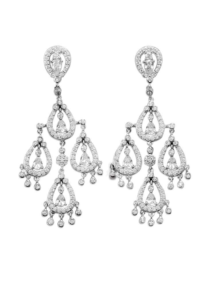 Elegant Cubic Zirconia Pear-Shaped Chandelier Earrings in Rhodium-Plated Sterling Silver for Women | Perfect for Weddings, Parties & Special Occasions