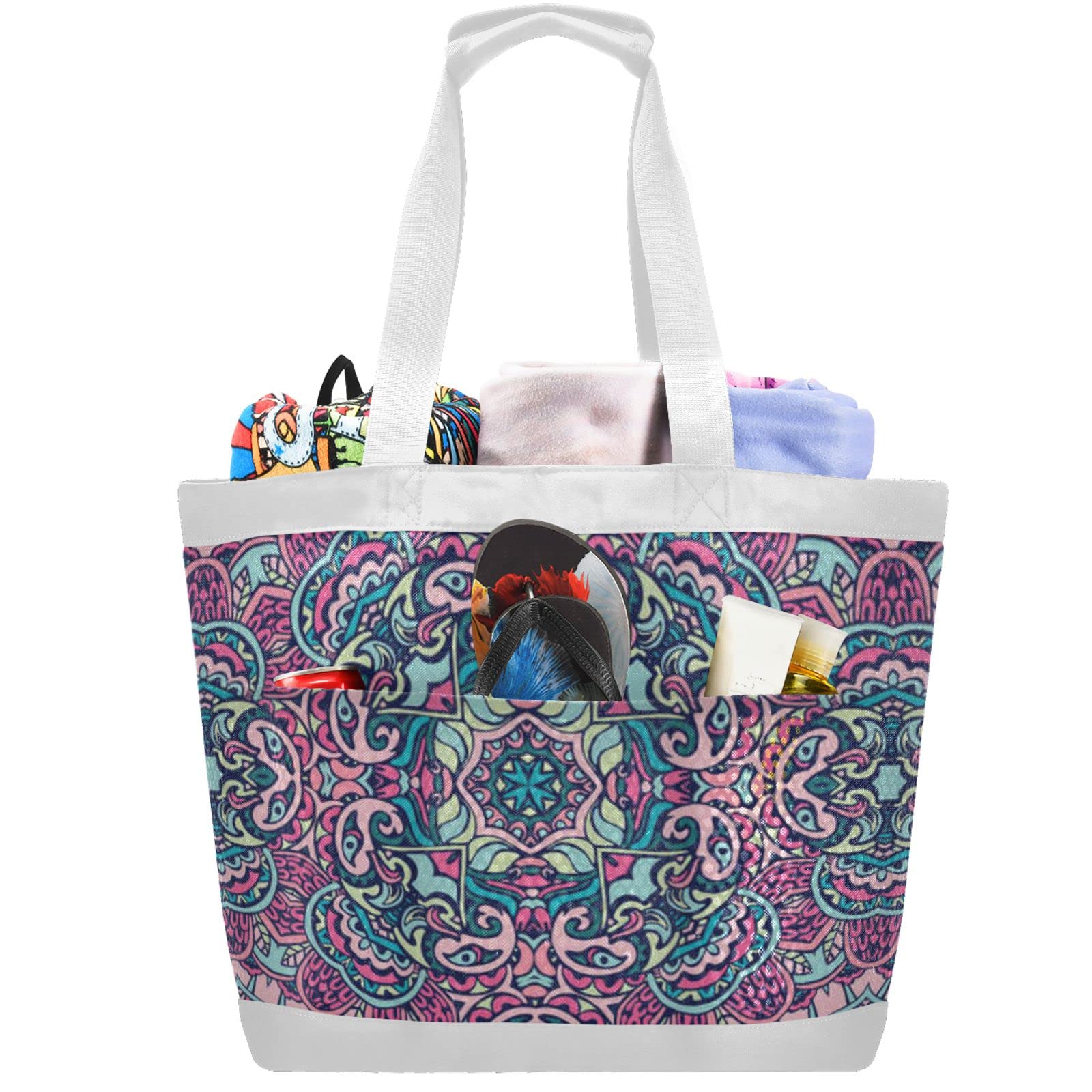 Colorful Indian Mandala Mesh Beach Tote Bag - Large Waterproof Shoulder Bag for Women | Perfect for Yoga, Pool, Seaside & Travel Accessories