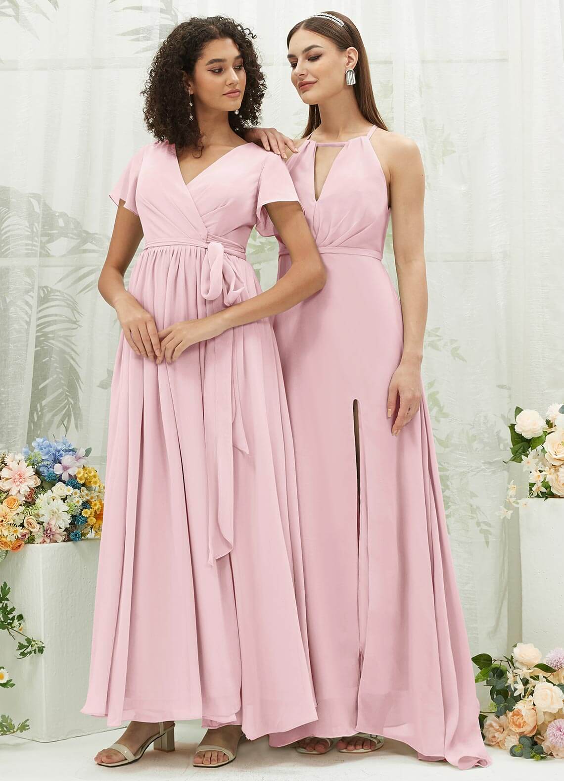 Elegant Blush Chiffon Halter V-Neck Backless Maxi Dress with High Slit - Perfect for Bridesmaids, Prom, Evening Gala & Formal Events