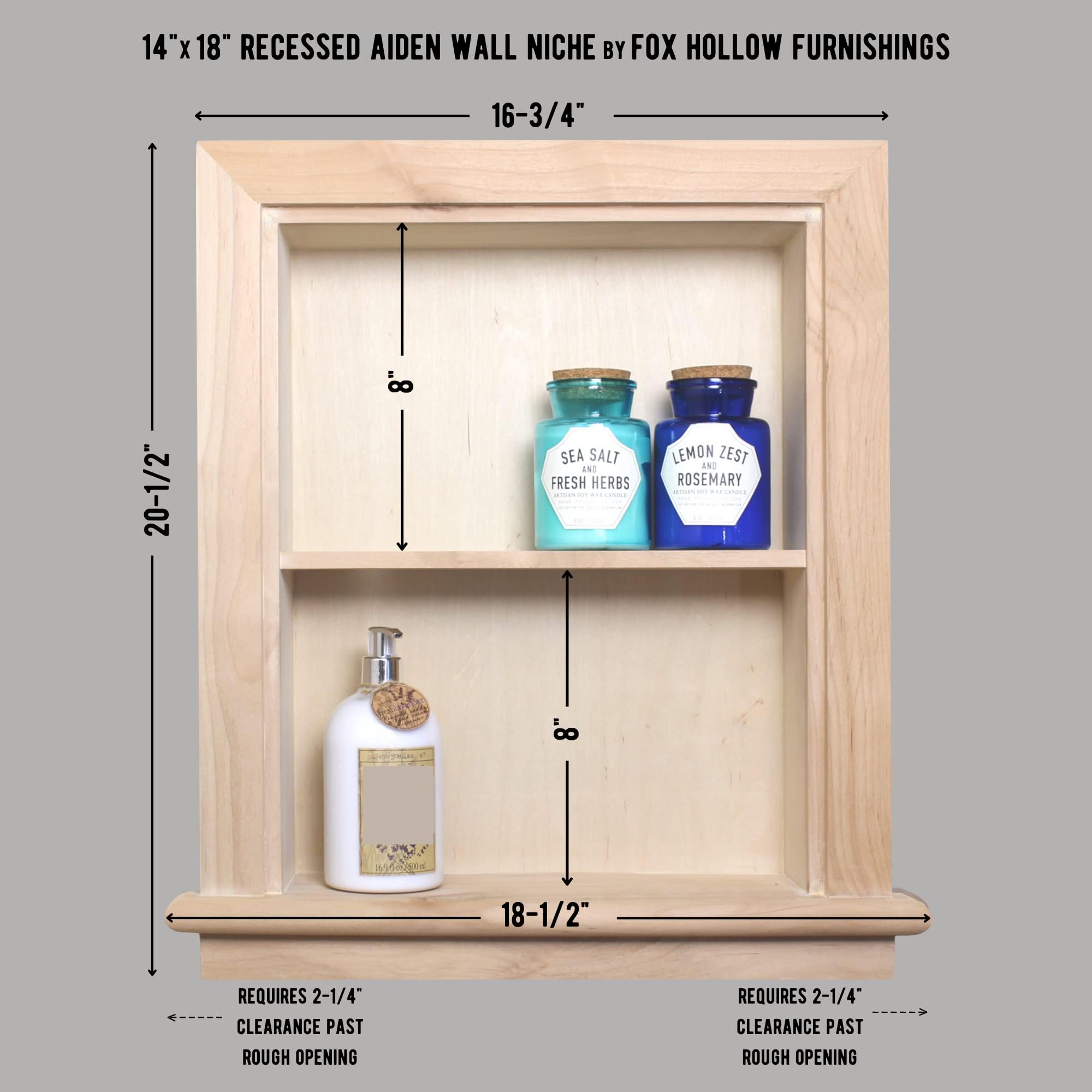 Fox Hollow Furnishings 14x18 Inch Recessed Wall Niche Medicine Cabinet - Solid Wood Bathroom Storage Shelf (No MDF) - Unfinished North American Made - Perfect for Bathroom Organization and Small Space Storage