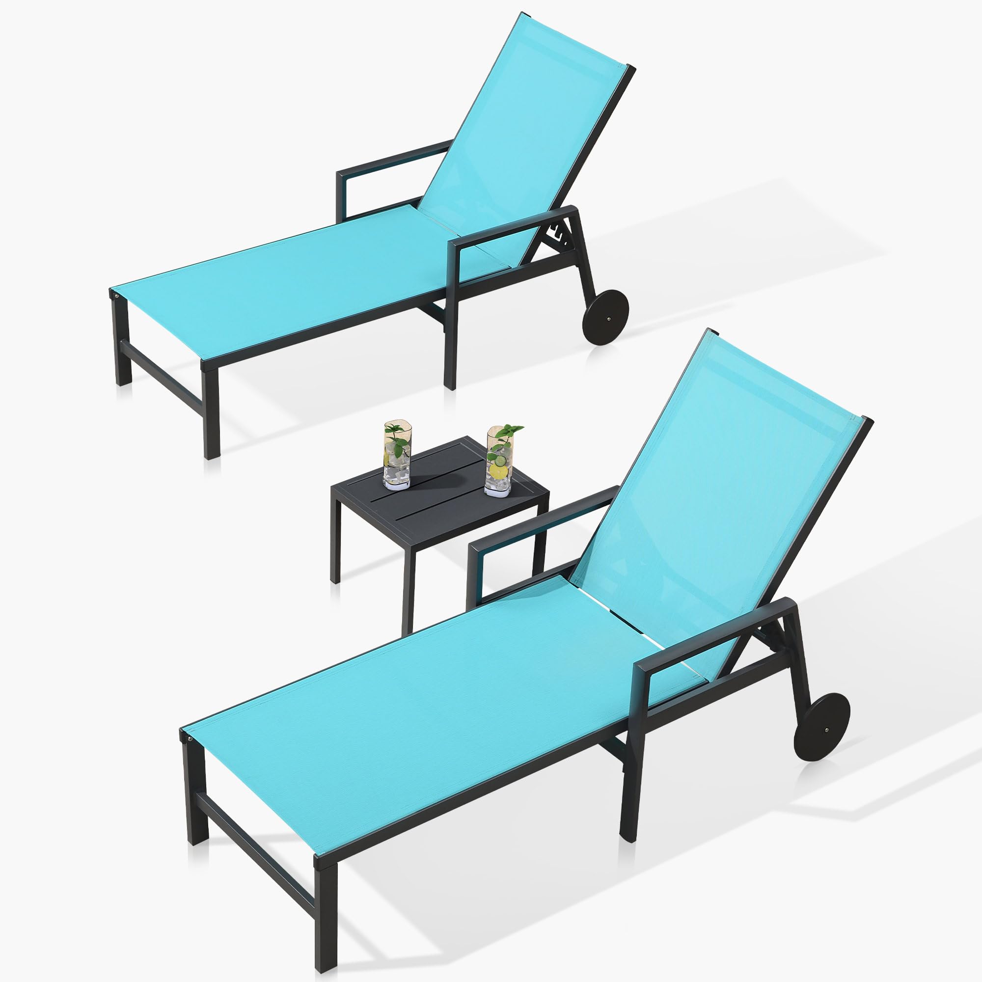 PURPLE LEAF 2-Piece Outdoor Chaise Lounge Set - Aluminum Patio Lounge Chairs with Wheels & Armrests - Turquoise Blue Recliners for Pool, Backyard, Beach & Garden Relaxation