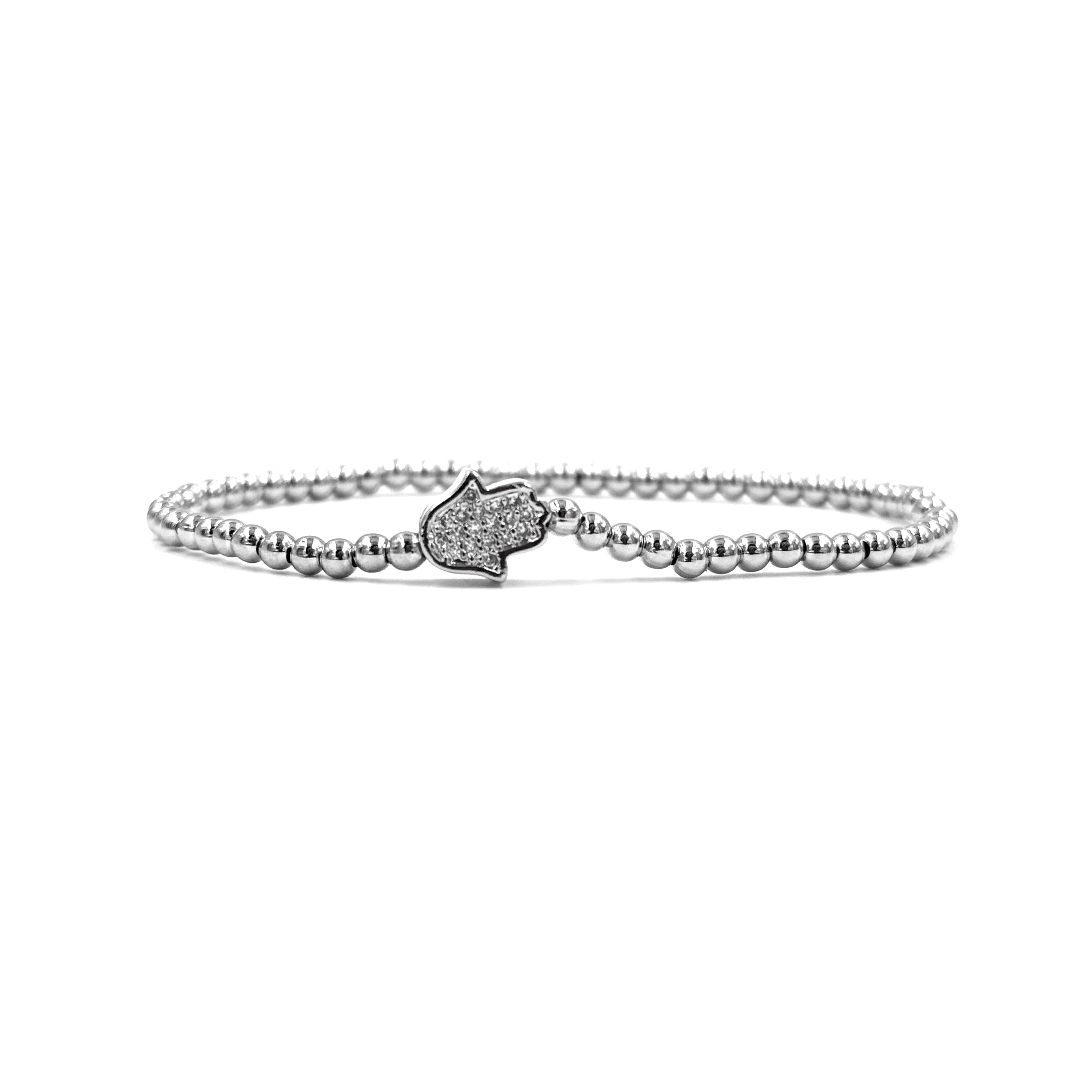 Ashley Gold Stainless Steel CZ Hamsa Hand Stretch Beaded Bracelet for Women - Boho Chic Jewelry for Protection & Good Luck - Perfect for Yoga, Meditation & Everyday Wear