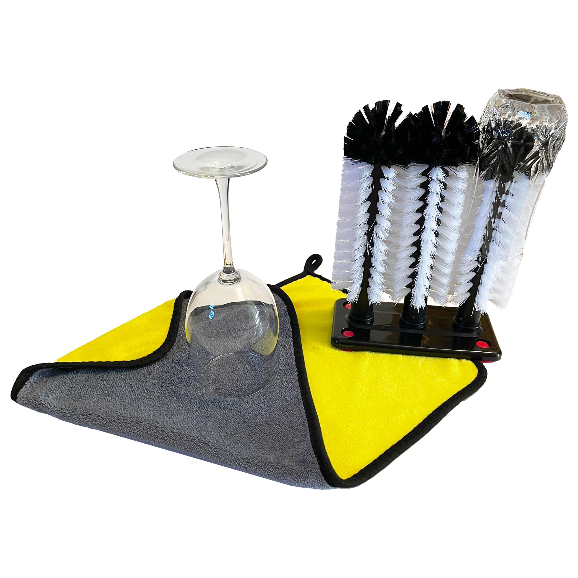 Glass Washer Brush Set - 3-in-1 Bar Glass Cleaner with Suction Cups for Large Cups, Wine Glasses & Bottles - Non-Slip Kitchen Sink Brush with Cleaning Cloth - Perfect for Bar, Restaurant & Home Dishwashing