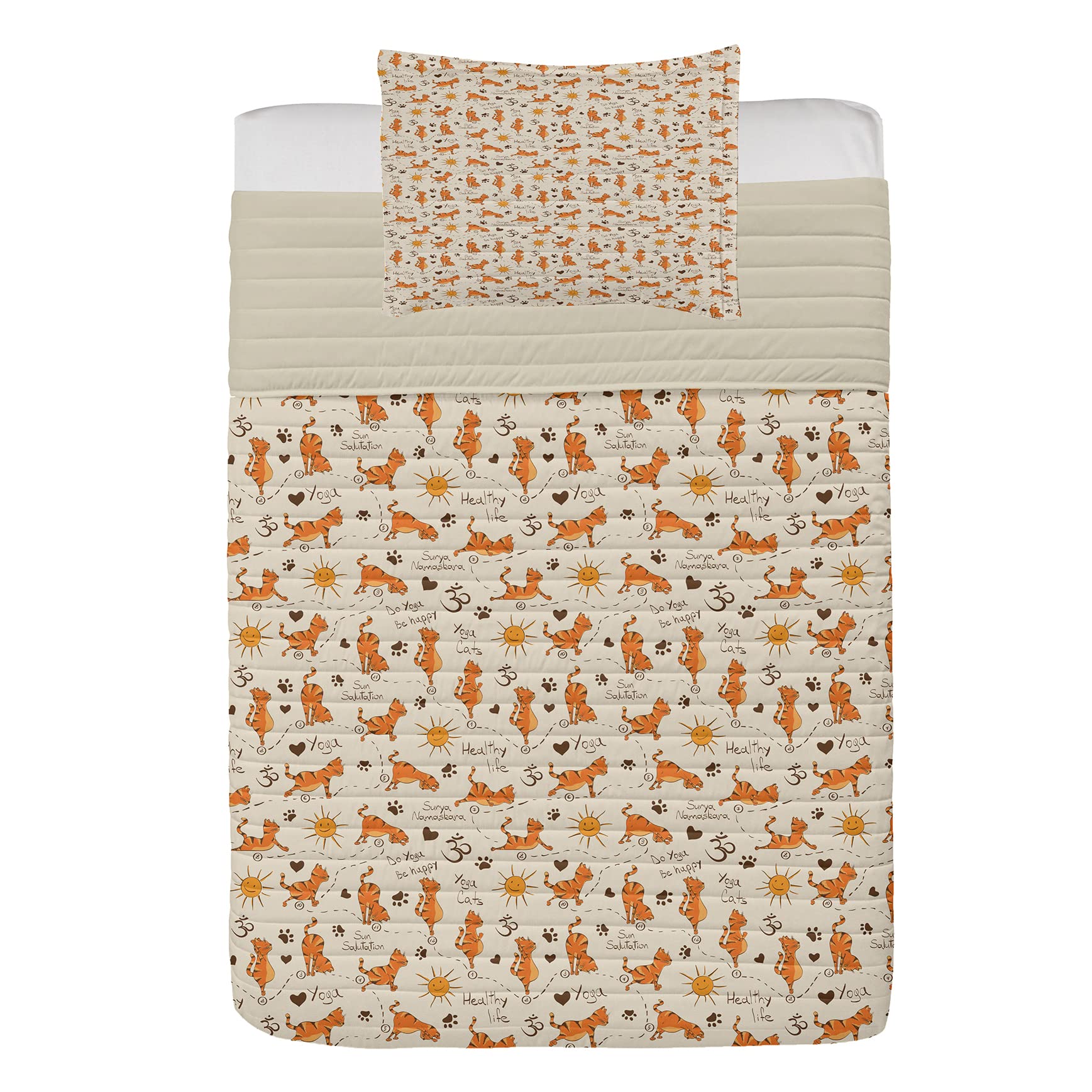 Ambesonne Cat Microfiber Bedspread Set - Yoga Happy Theme with Warm Cats, Smiling Suns & Paw Prints - Soft Twin Size Comforter with Pillow Shams in Cream Orange Brown - Perfect for Cozy Bedrooms, Guest Rooms & Cat Lover Gifts