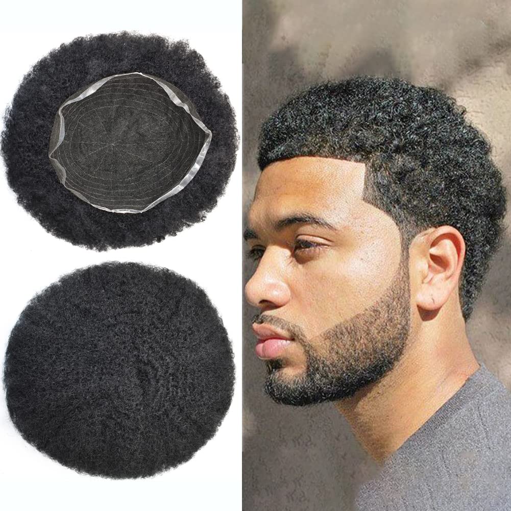 Afro Toupee for Black Men - Kinky Curly Human Hair Weave for African American Men - 8x10 Full Swiss Lace Wig with Natural Hairline - Jet Black 6MM Wave - Perfect for Daily Wear, Cosplay & Special Events