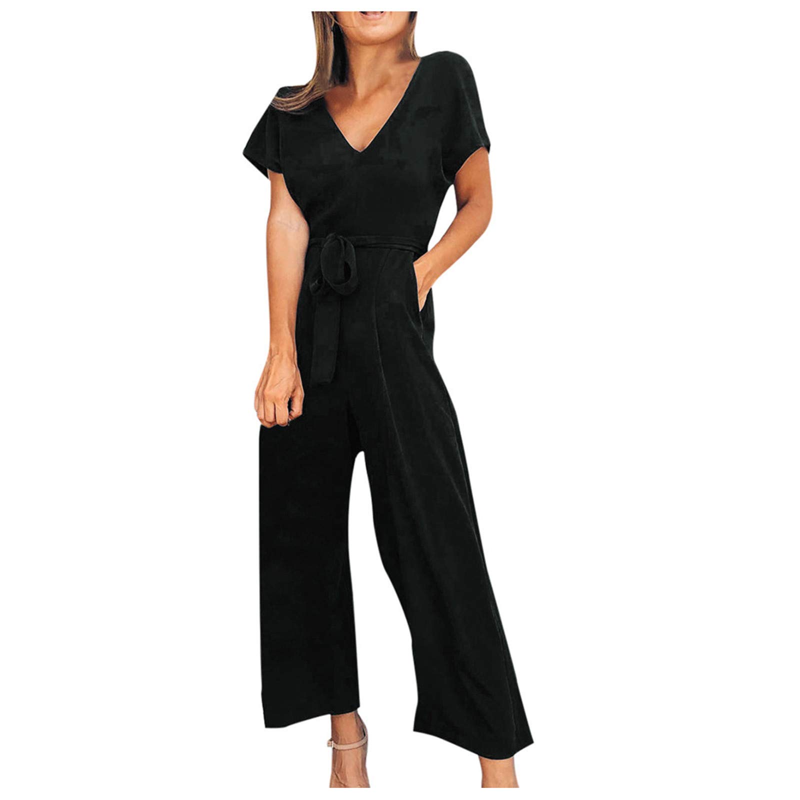 Women's V-Neck Short Sleeve Tie Waist Jumpsuit with Pockets - Casual Wide Leg Romper for Summer, Beach, Travel & Everyday Wear