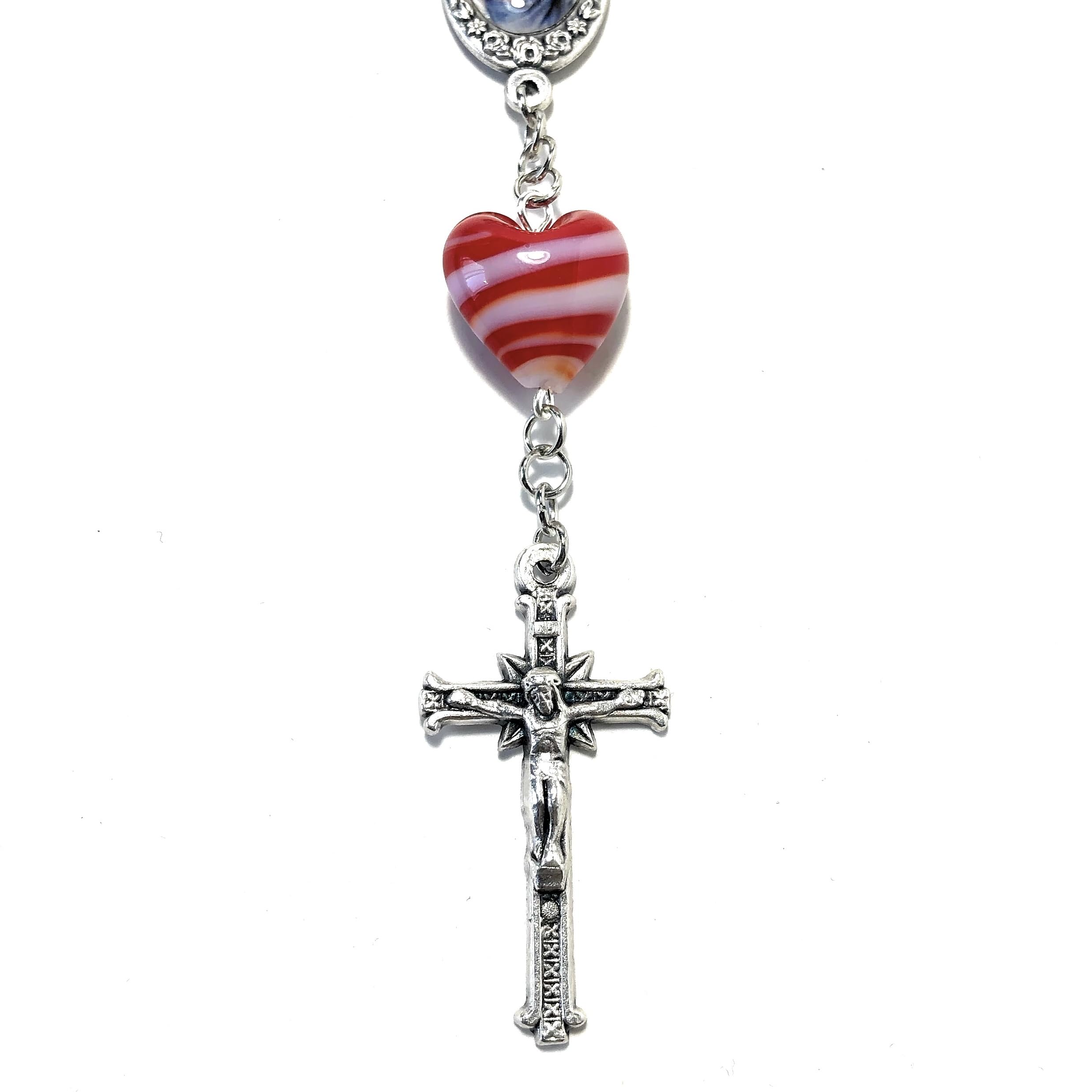 Sacred Heart of Jesus 1-Decade Rearview Mirror Car Rosary - White & Striped Red/Blue/Teal Heart Beads | Catholic Prayer Beads for Safe Driving & Spiritual Protection | Perfect for Commuting, Road Trips & Daily Devotion