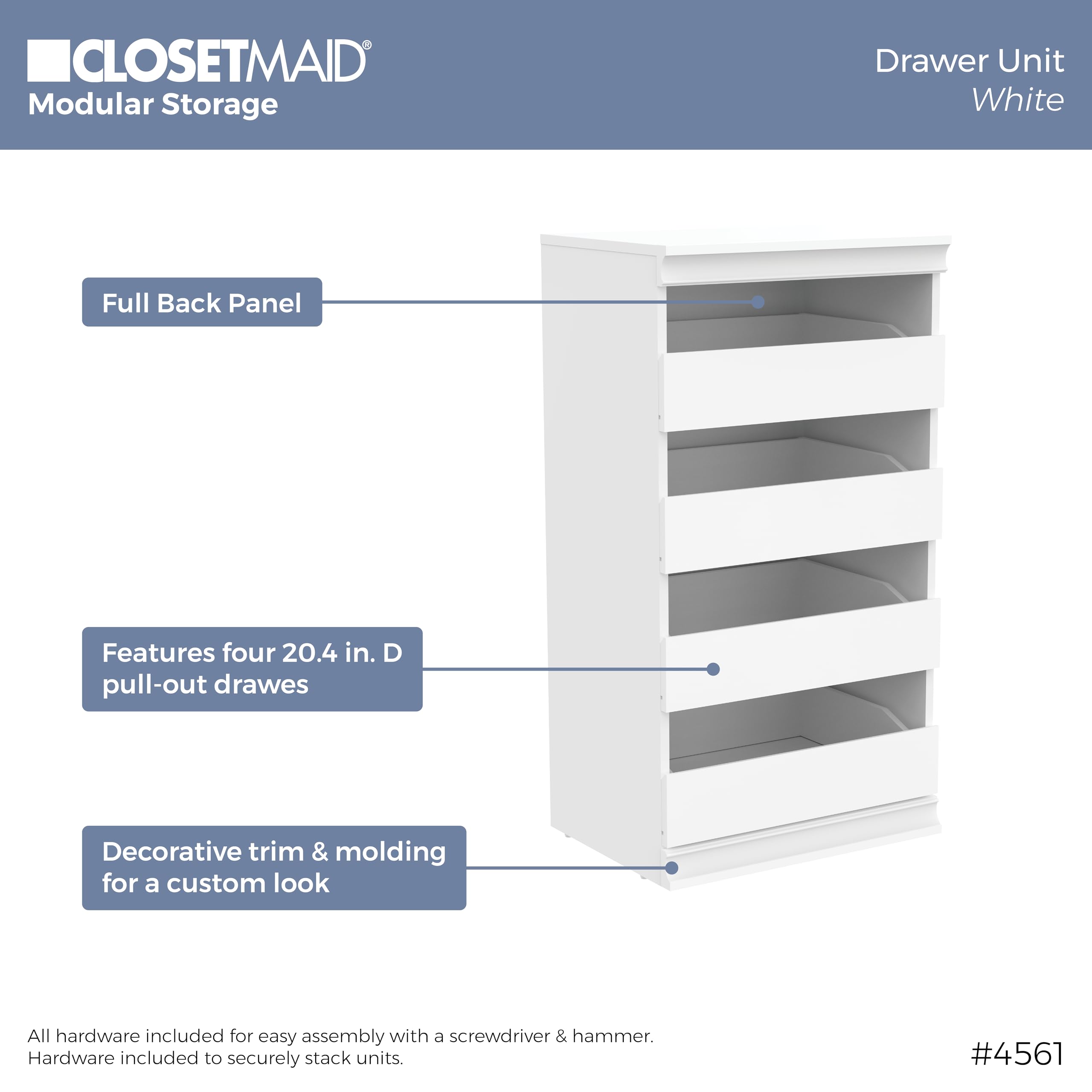 ClosetMaid 21.38-inch White Wooden Modular Closet Organizer with 3 Shelves & 4 Drawers - Space Saving Storage Solution for Bedroom, Closet, and Home Organization