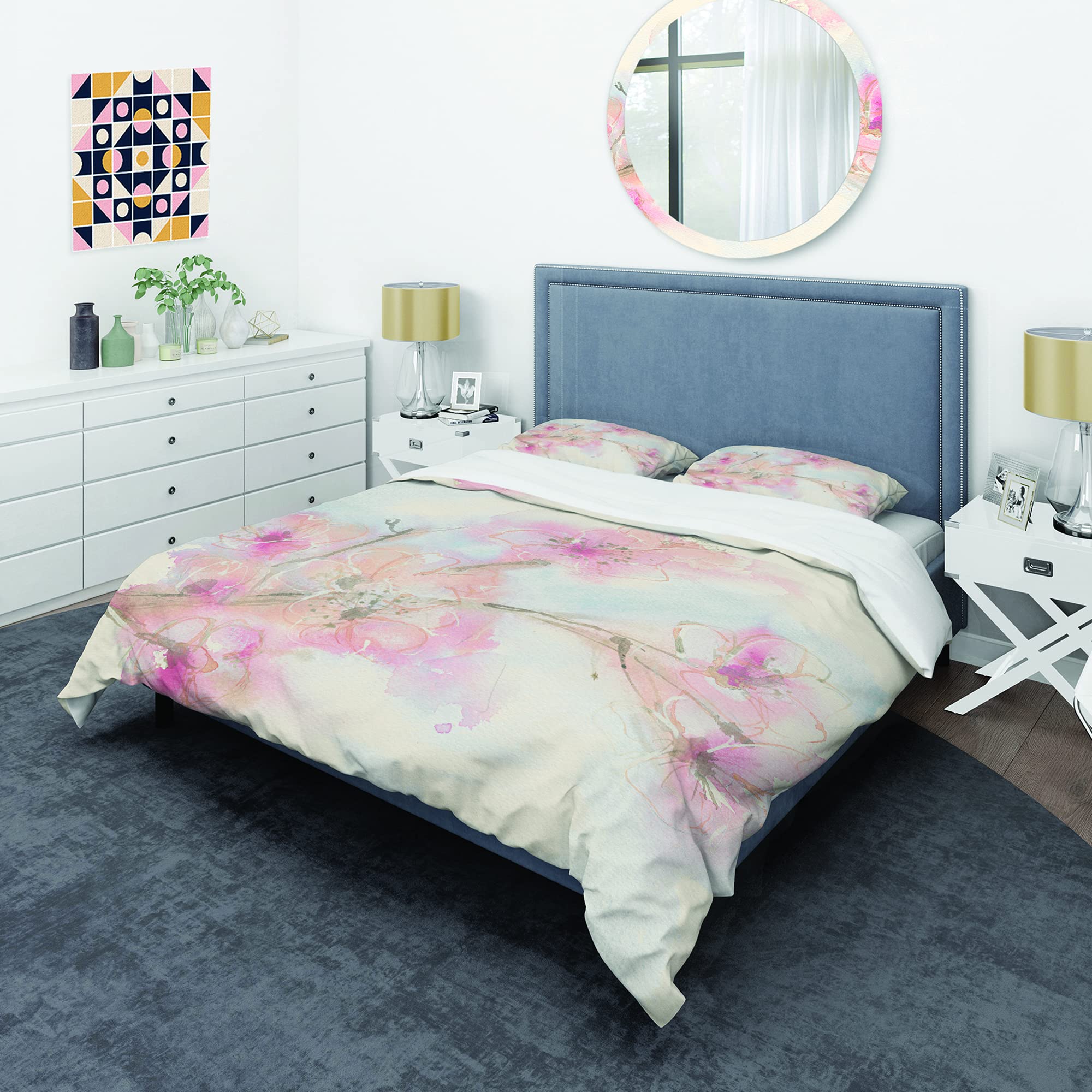 DesignQ Pink Blossoms Branch Shabby Chic Duvet Cover Set - Queen Size Floral Bedding 3-Piece Set for All Seasons | Perfect for Boho Bedroom Decor, Guest Room Makeover & Cozy Farmhouse Style