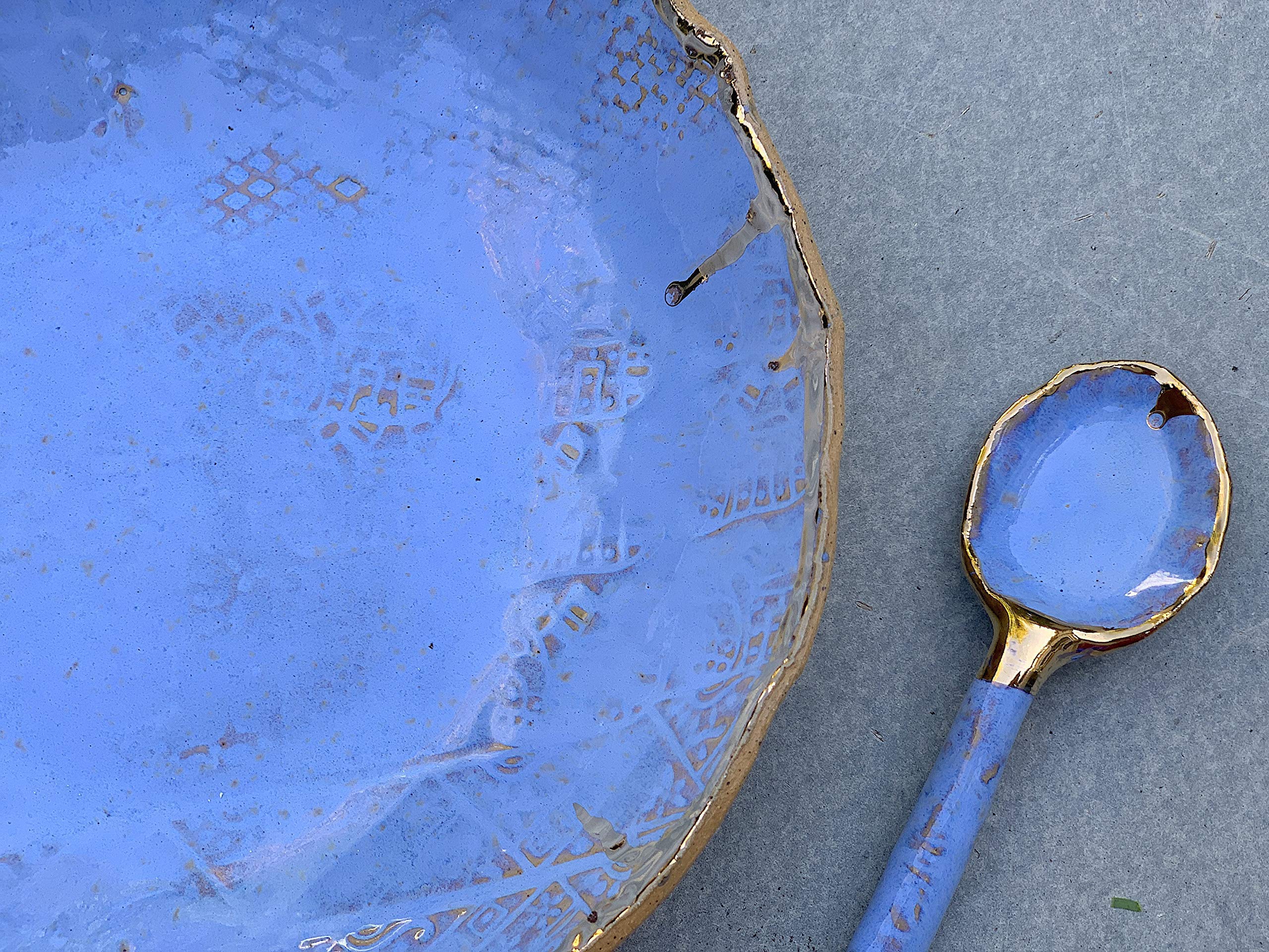 Handmade Ceramic Blue Gold and Brown Clay Bowl and Spoon Set - Artisan Kitchen Serving Dish for Soup, Salad, Dips, Cereal - Perfect for Dining, Gifts & Home Decor