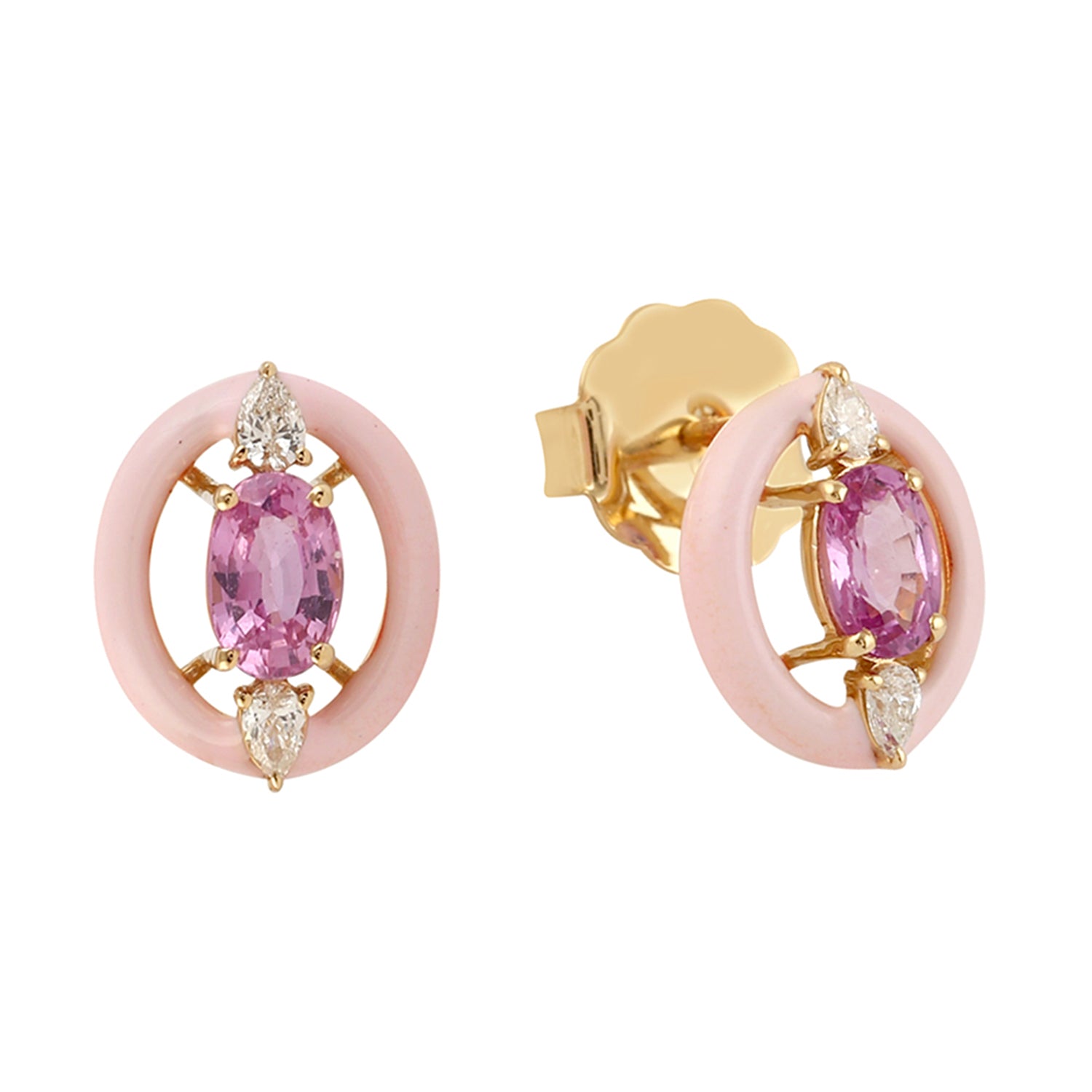 18K Yellow Gold Pink Sapphire Rose Cut Diamond Enamel Stud Earrings for Women - Elegant Gift for Valentine's Day, Anniversary & Special Occasions