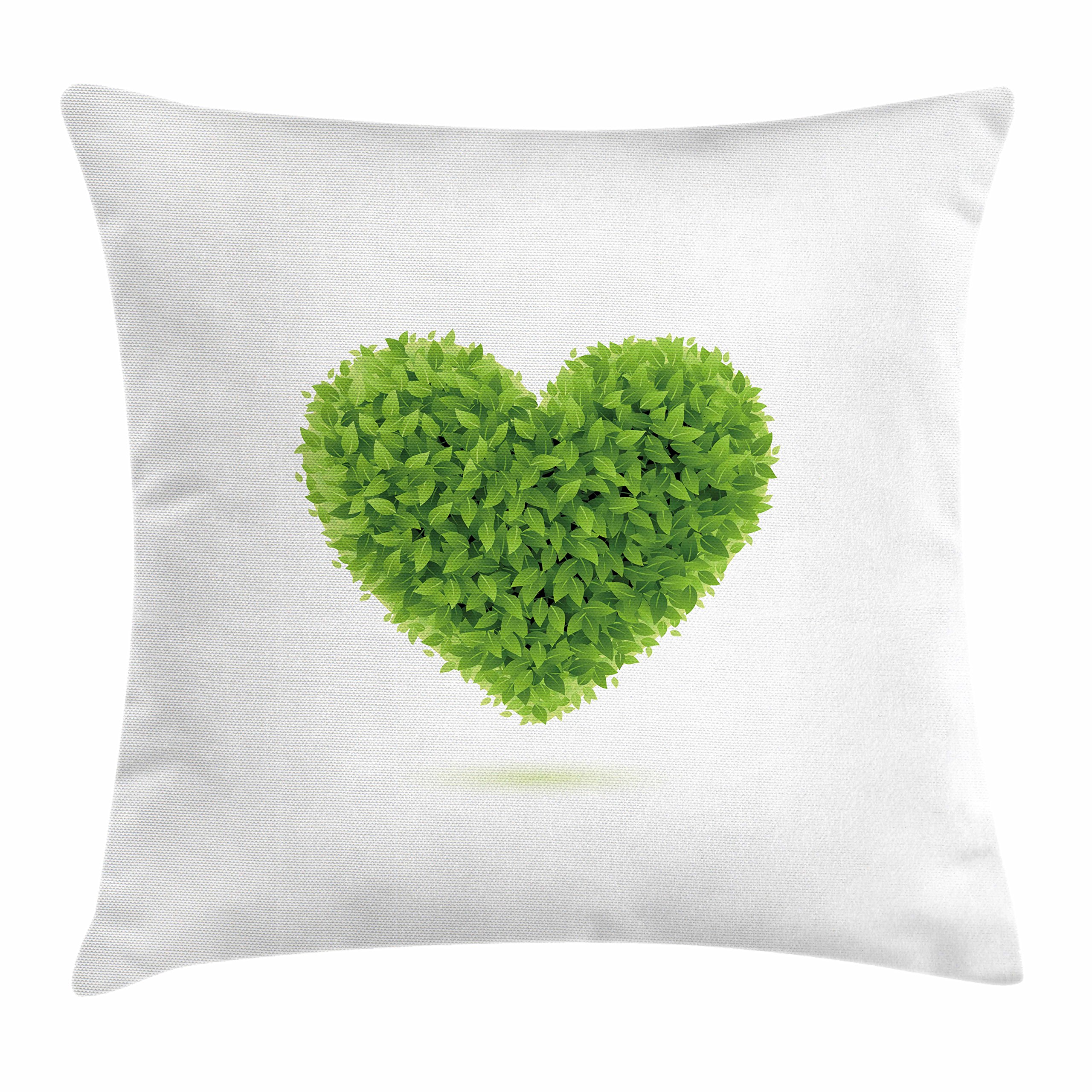 Ambesonne Green Throw Pillow Cover 16x16 Inch - Heart & Leaf Foliage Romantic Garden Design, Decorative Square Cushion Case in Fern Green & White - Perfect for Living Room, Bedroom, or Outdoor Patio Decor