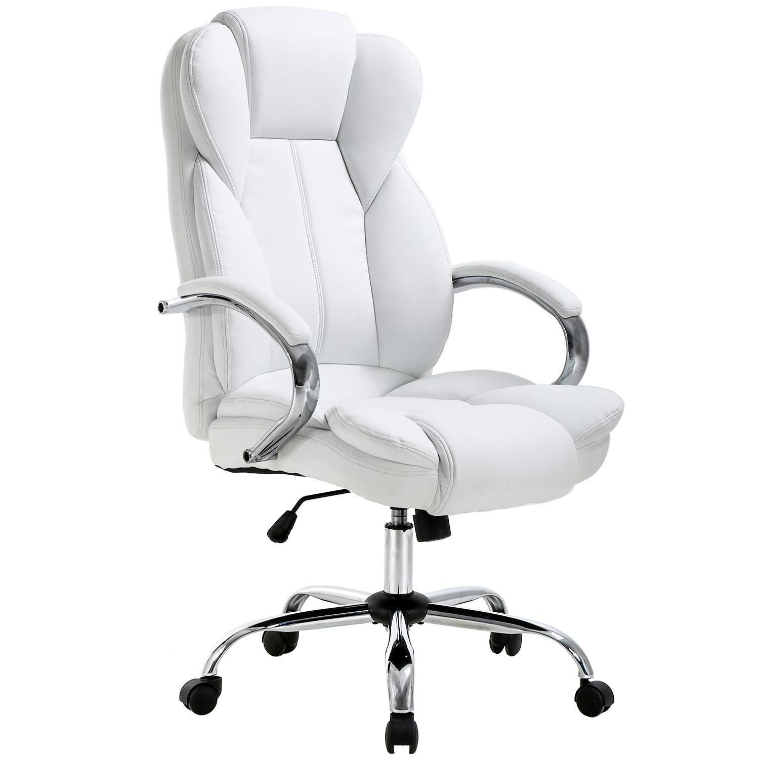Ergonomic Office Chair - Adjustable High Back PU Leather Computer Desk Chair with Lumbar Support, Swivel & Rolling Wheels for Home/Office Use - Comfortable Executive Task Chair for Women & Men (White)