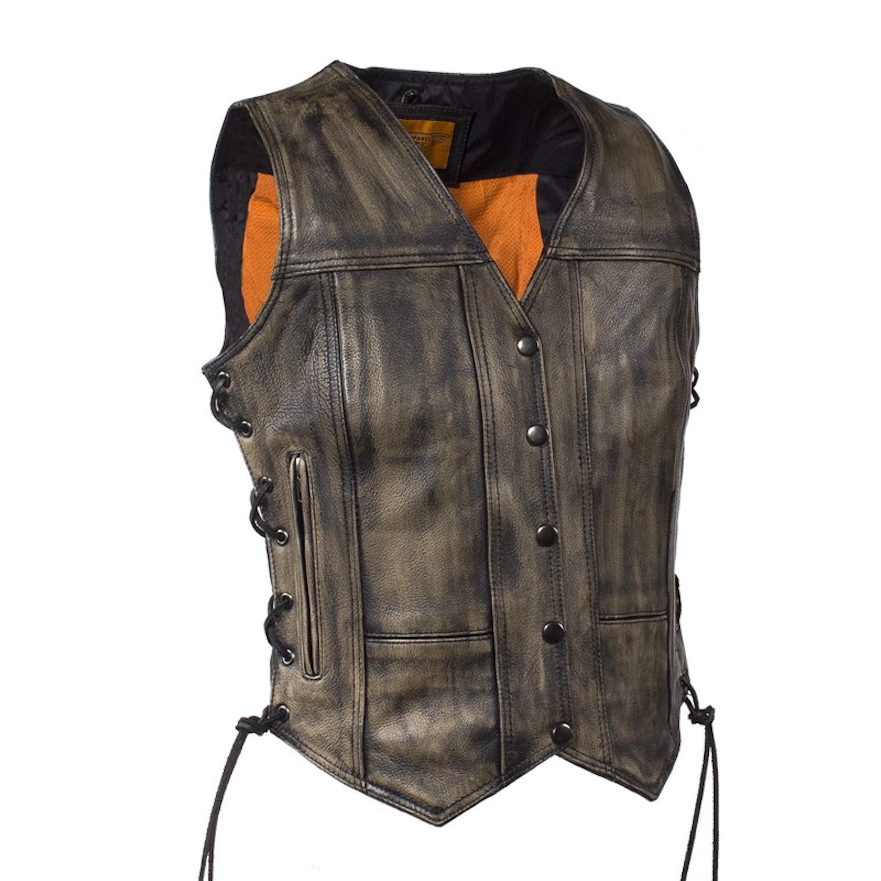 Women's Distressed Brown Naked Leather Motorcycle Vest with Gun Pockets - Biker Jacket for Harley Davidson Riding, Outdoor Adventure & Motorcycle Events