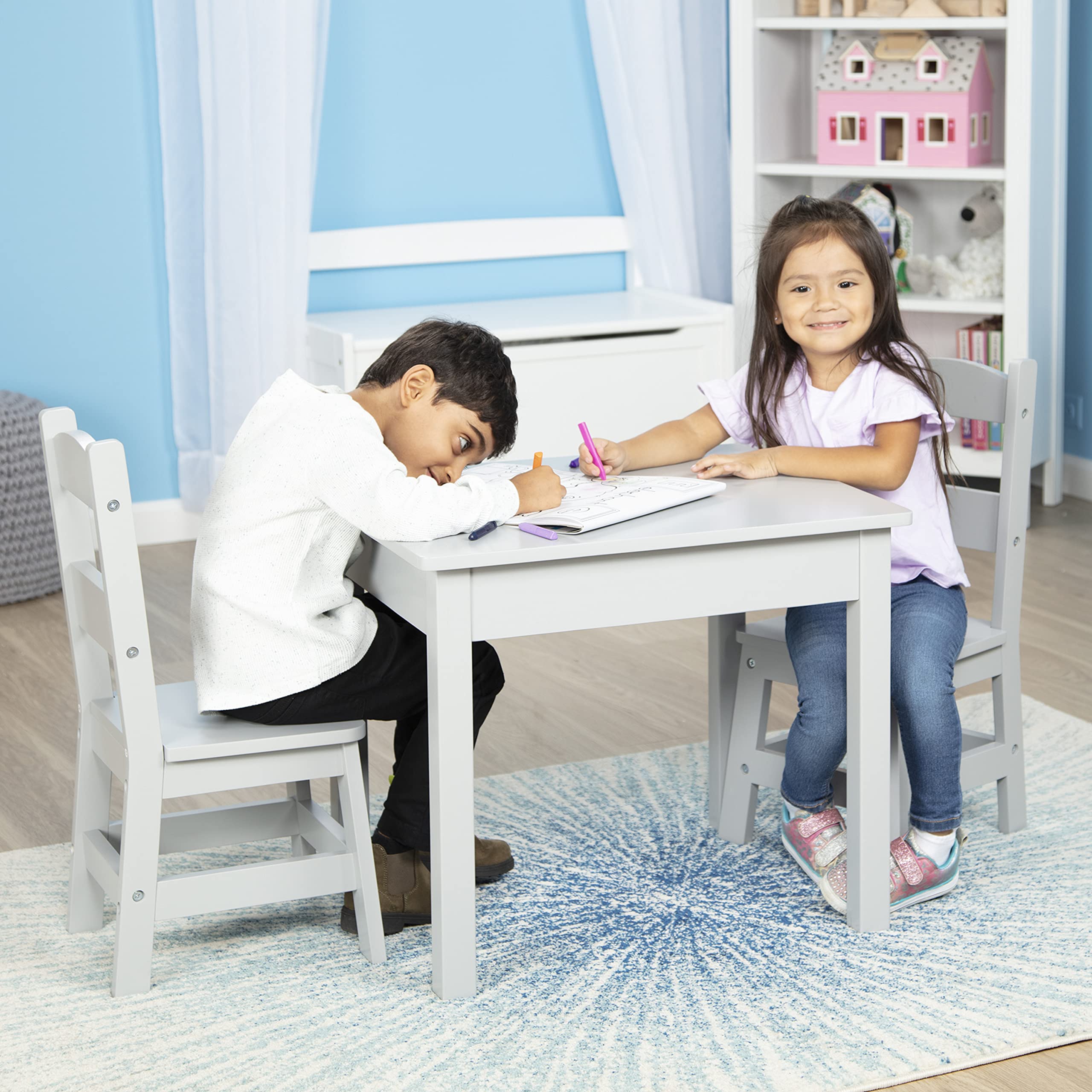 Melissa & Doug Wooden Kids Table and Chairs Set - Gray Children's Furniture for Playroom, Classroom, or Home Learning Activities