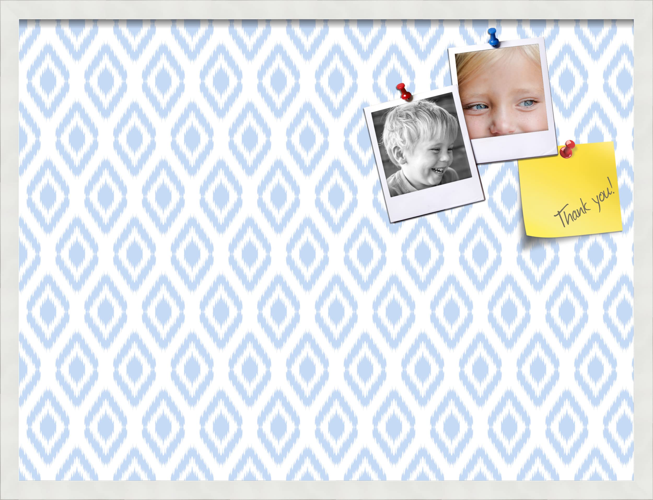 PinPix 32x24 Inch Cork Bulletin Board with Ikat Light Blue Design & Satin White Frame - Decorative Framed Pin Board for Home Office School Decor - Perfect for Wall Organization, Memo Display & Photo Collage
