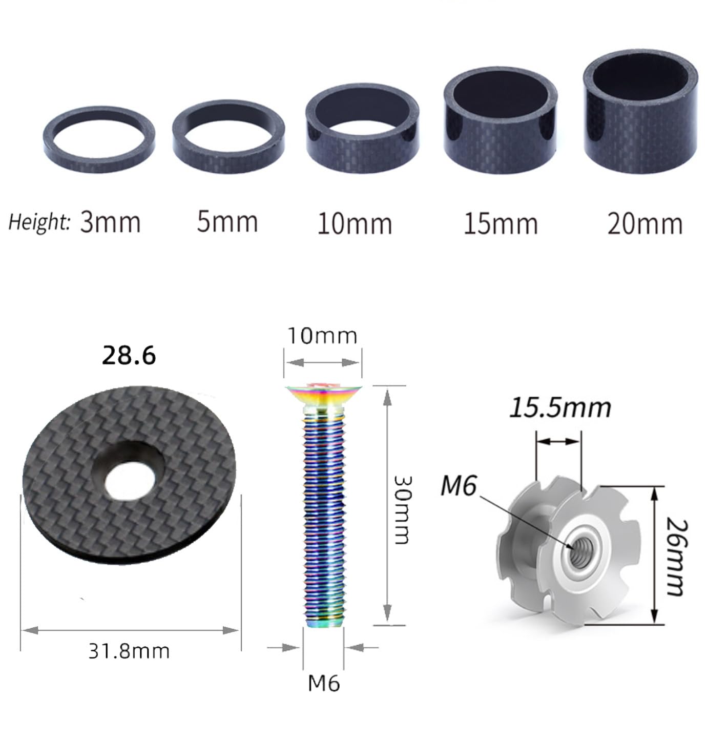 3K Carbon Fiber Bike Headset Spacer Kit (3/5/10/15/20mm) with Top Cap, Star Nut & Titanium Bolt - Compatible with 1-1/8