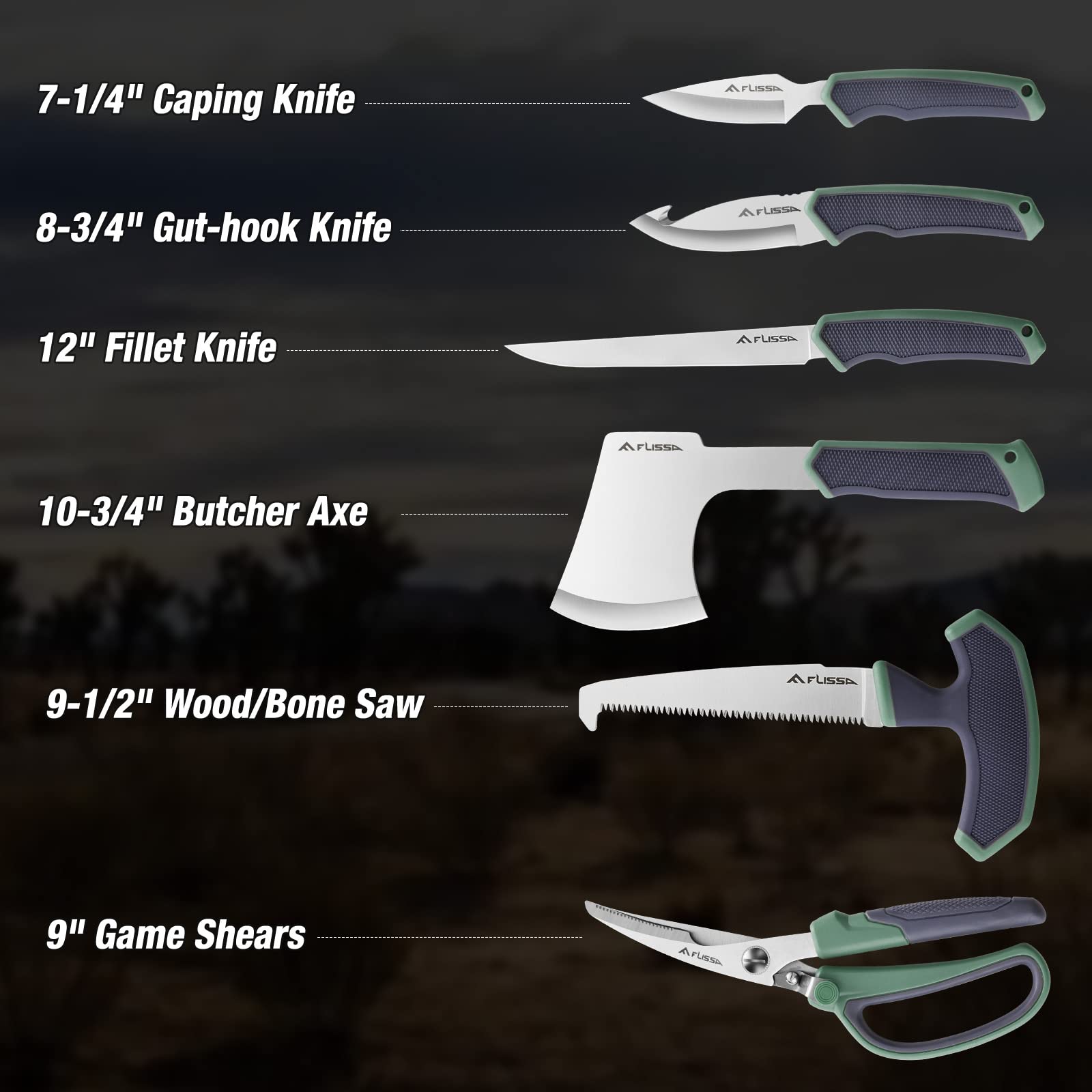 FLISSA 10-Piece Hunting Knife Set with Skinning Knife & Butcher Game Processing Kit | Portable Storage Case for Deer Hunting, Meat Processing, Fishing, Camping & Survival Gear | Perfect for Outdoor Adventures & Field Dressing