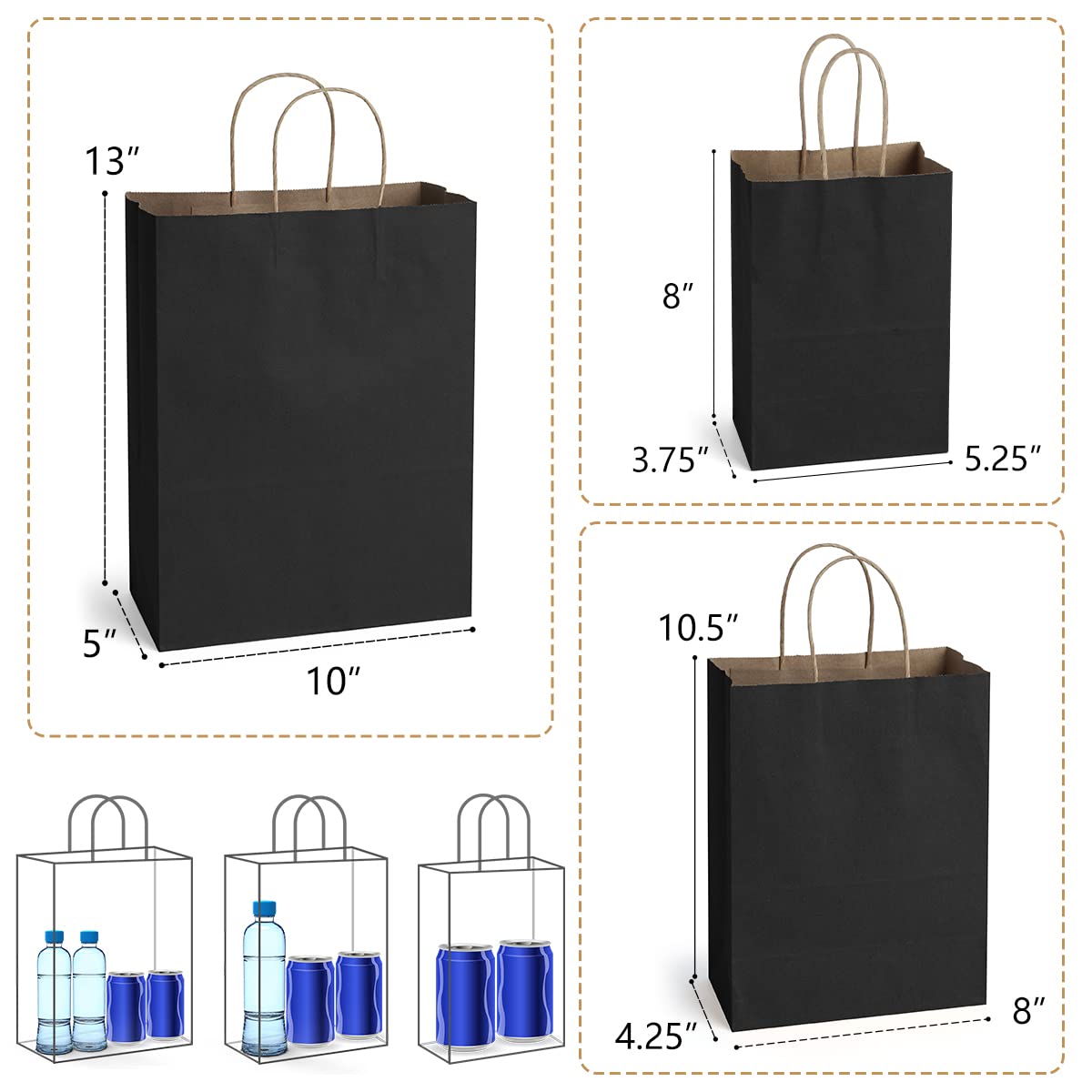Premium Black Kraft Paper Gift Bags with Handles - 5x3x8, 8x4x10 & 10x5x13 Inches (30 Pack) - Eco-Friendly Party Favor Bags for Birthdays, Retail Shopping, Grocery Takeout & Wedding Favors
