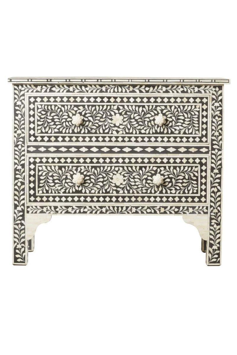 Handmade Bone Inlay Floral Pattern Black Two-Drawer Dresser - Vintage Boho Bedroom Furniture for Home Decor & Storage