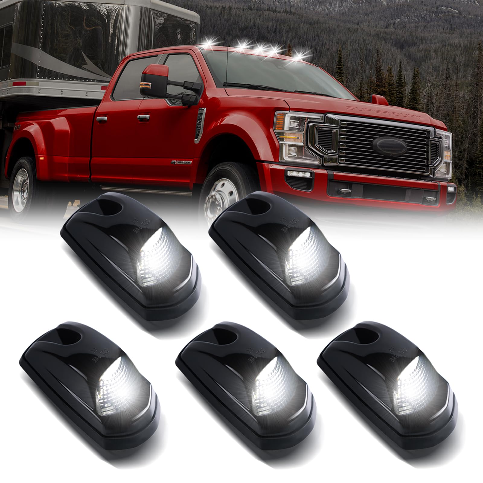 2017-2022 Ford F250 F350 F450 F550 Super Duty LED Cab Roof Top Marker Lights - 5PCS Smoked Black Clearance Running Lamps for Pickup Trucks | Durable & Weatherproof for Night Driving & Off-Road Adventures